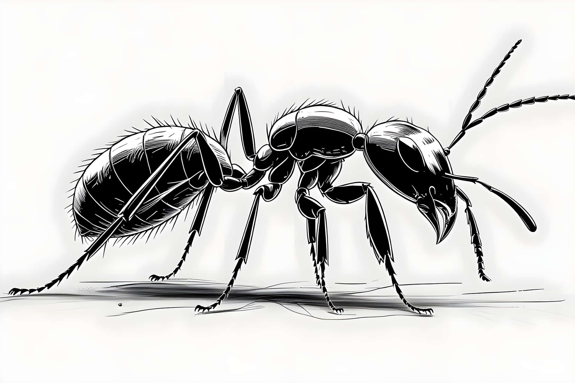 Line art ant 壁紙 — 一幅詳細的黑白螞蟻側面插圖，帶有精細線條和陰影，背景簡潔。