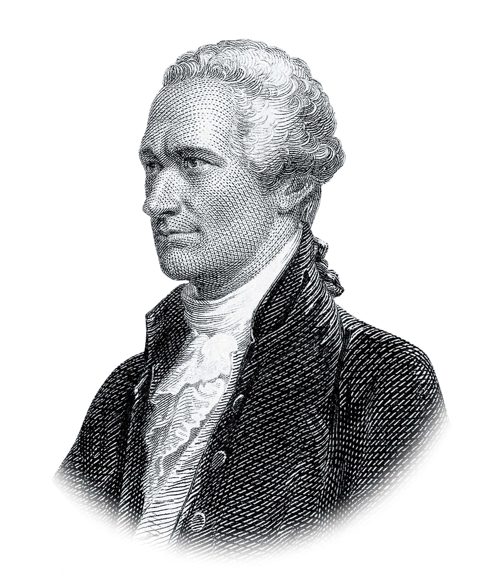Alexander Hamilton 桌布 壁紙 — 一幅詳細的黑白雕刻肖像，描繪一位身穿18世紀服飾、戴著捲曲粉撲假髮的男子。