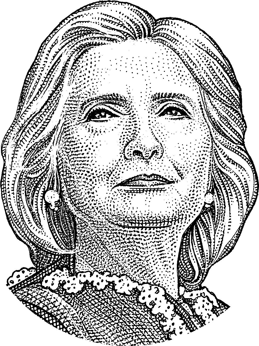 hillary 桌布 壁紙 — 一幅詳細的黑白點畫插圖，描繪希拉蕊·柯林頓戴著珍珠耳環和花卉領，背景為深色。