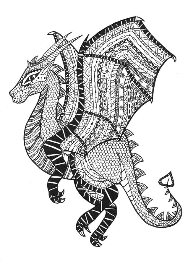 Dragon Coloring 桌布 壁紙 — 一幅詳細的黑白龍插圖，帶有複雜的幾何和部落圖案，覆蓋其身體、翅膀和尾巴。