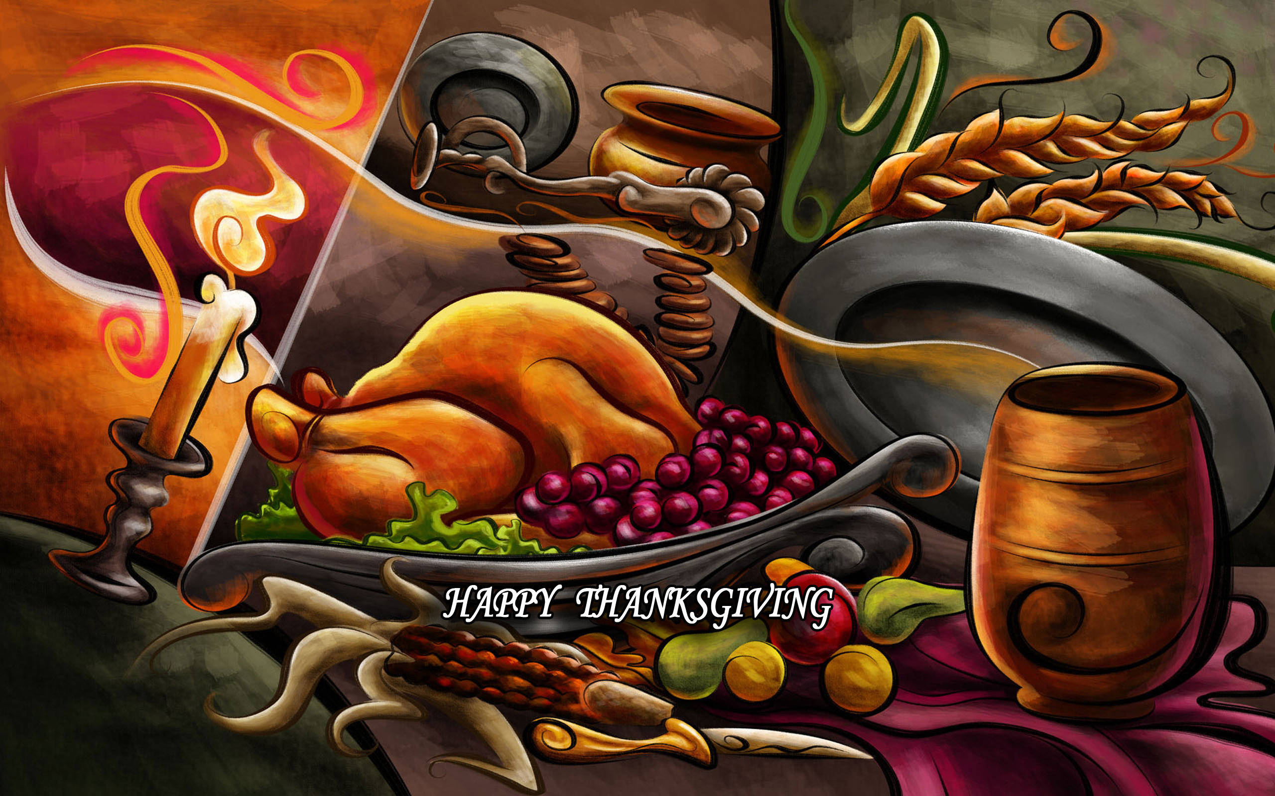 Cute Thanksgiving 桌布 壁紙 — 一幅豐富繪製的感恩節靜物畫，包含烤火雞、葡萄、玉米和蠟燭，背景為溫暖的抽象風格。