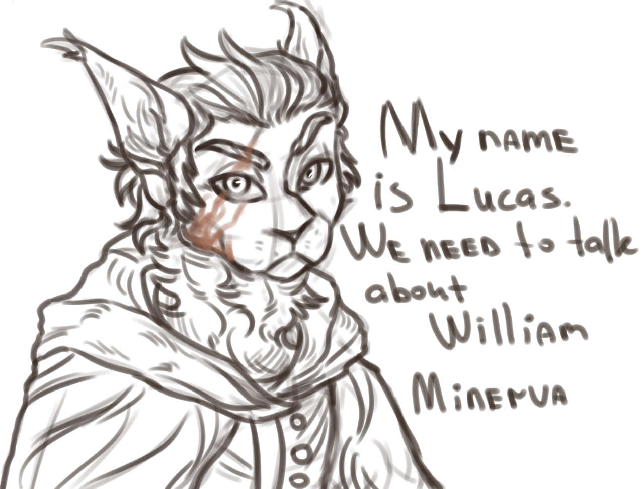 The Promised Neverland Lucas 桌布 壁紙 — 一幅貓人形的草圖，有尖耳和臉頰疤痕，穿著連帽外套，旁邊有手寫文字介紹他是Lucas，並提及William Minerva。