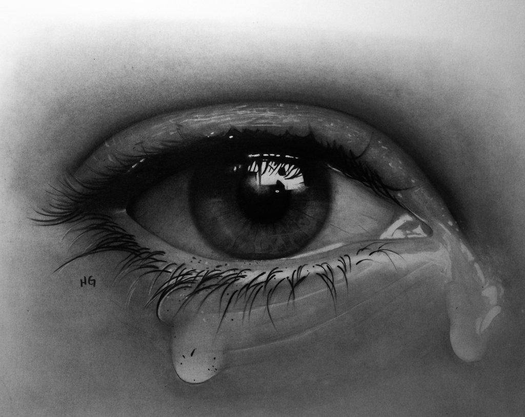 Eyes 桌布 壁紙 — 一幅超寫實的灰階繪畫，描繪一隻人類眼睛流下一滴眼淚，細節精緻，陰影柔和。