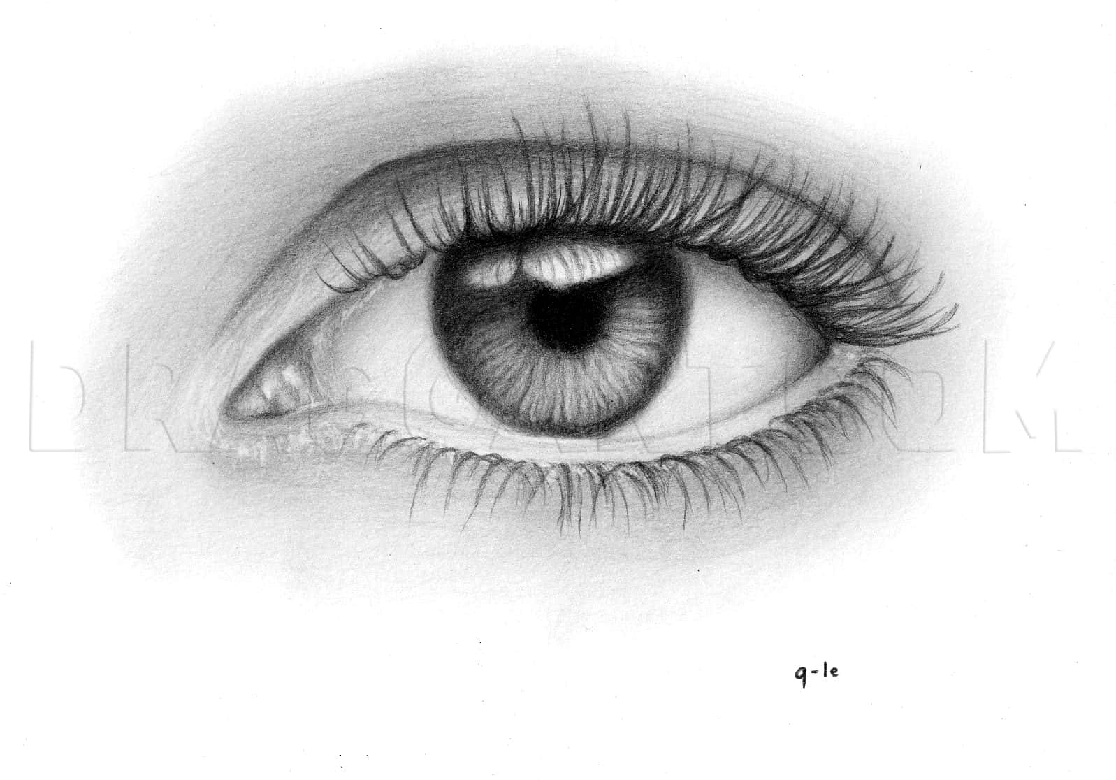 Eye 桌布 壁紙 — 一幅超寫實的鉛筆畫，描繪人類眼睛，帶有精細的睫毛和微妙的陰影，背景為純白色。