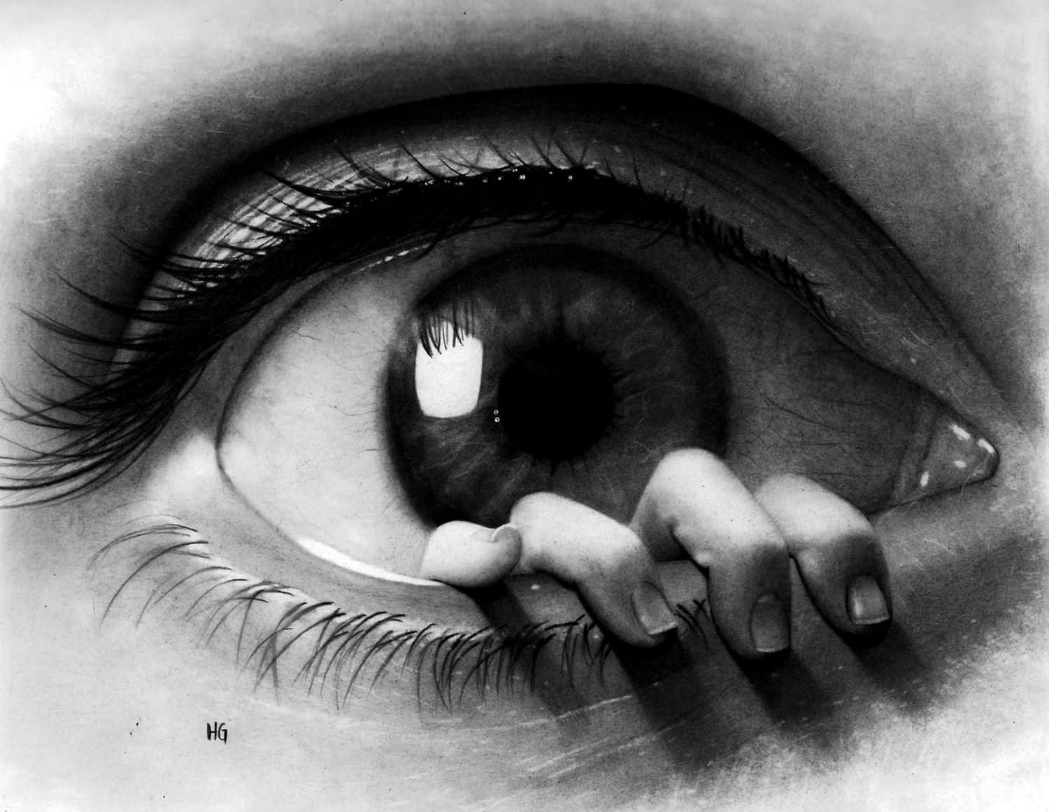 Black And White Drawings 桌布 壁紙 — 一幅超寫實的黑白畫作，描繪一隻人類眼睛，下眼瞼附近被一隻小手輕輕觸碰。