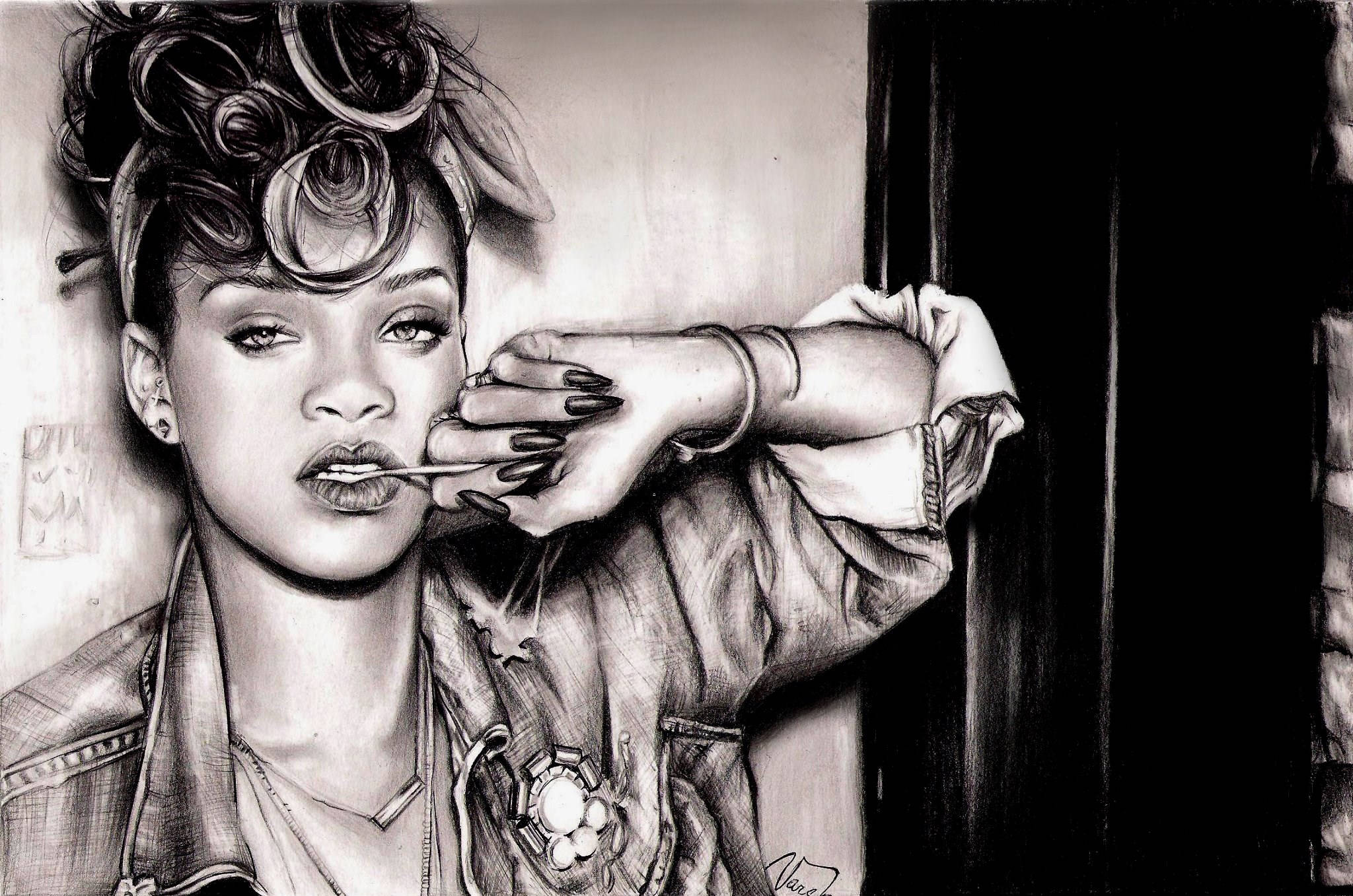 Dope Desktop 桌布 壁紙 — 一幅超寫實的黑白鉛筆畫，描繪Rihanna在強烈專注和戲劇性燈光下塗口紅。