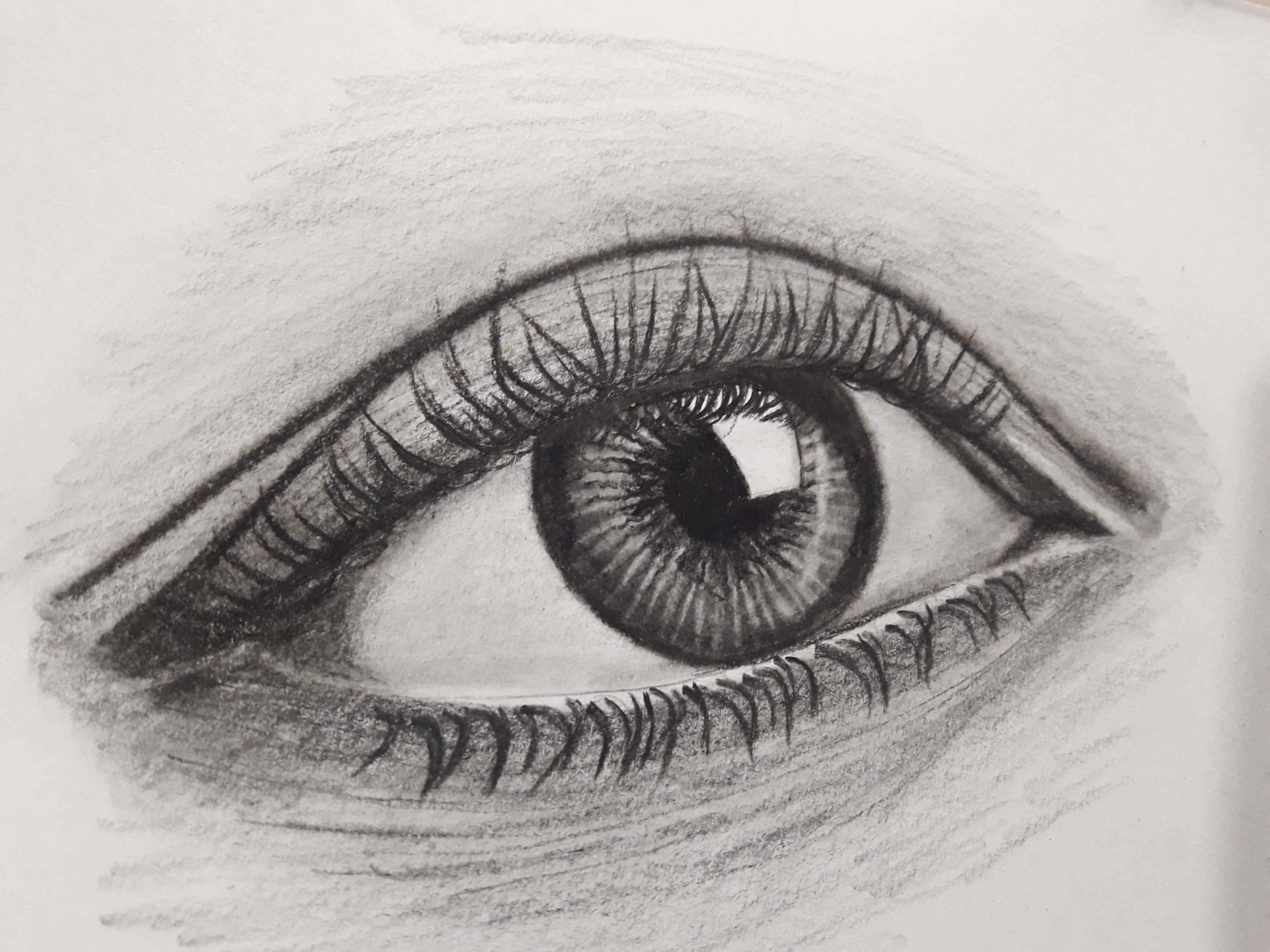 Drawing 桌布 壁紙 — 一幅超寫實鉛筆素描，描繪人類眼睛，帶有精細睫毛和紋理陰影，繪於白紙上。