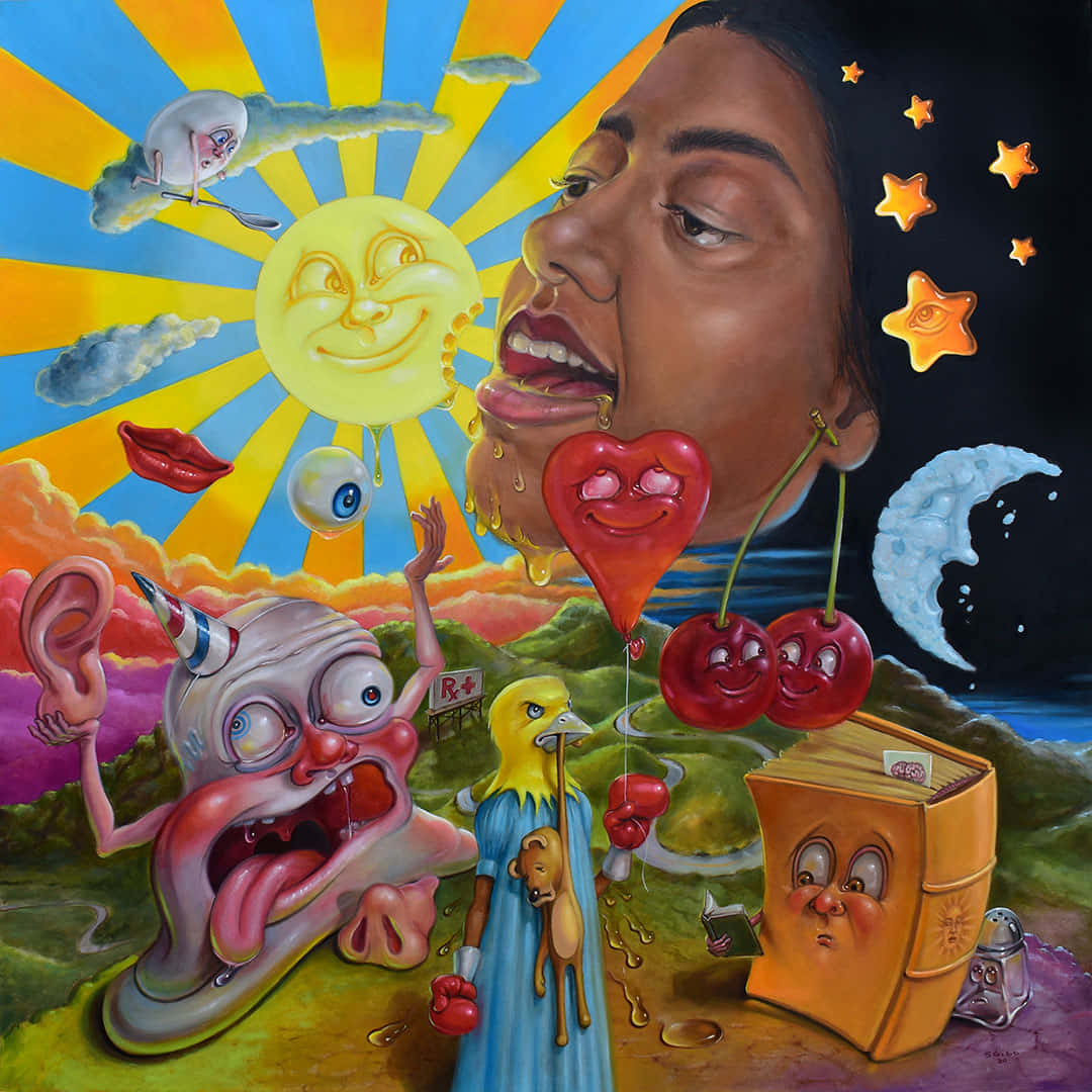 Cover Art 桌布 壁紙 — 一幅超現實主義繪畫描繪了一張巨大的臉，帶有融化的糖果心臟和微笑的太陽，而異想天開的生物和漂浮的星星充滿了夢幻般的風景。