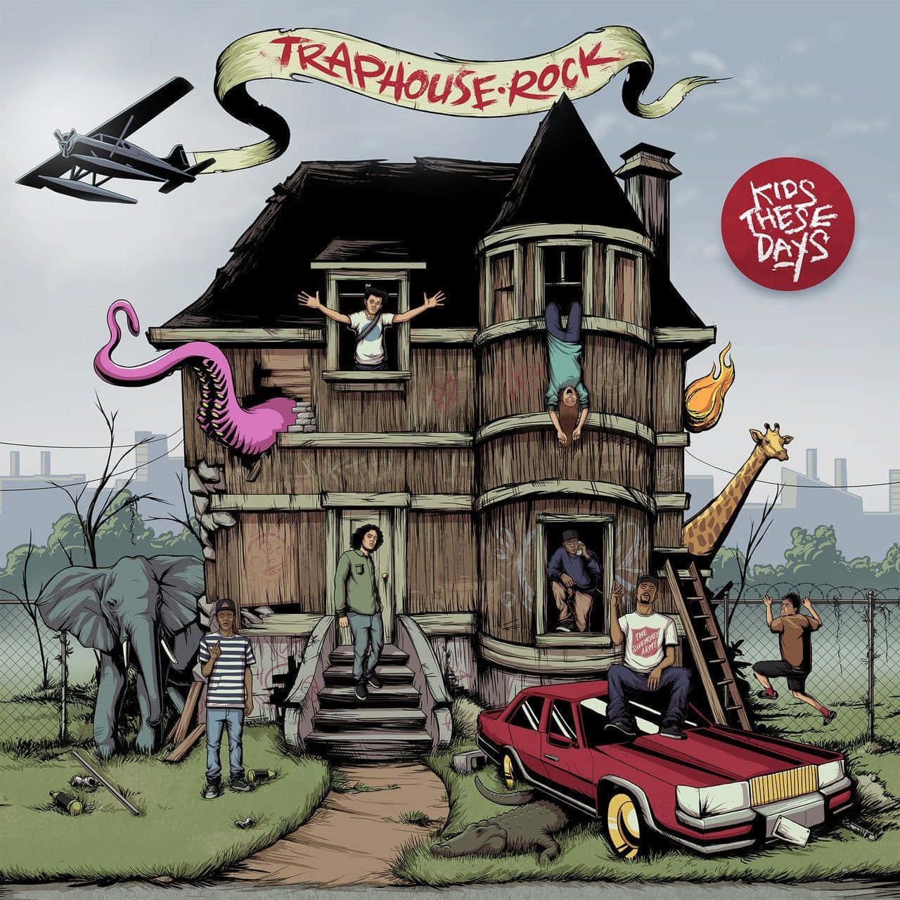 Trap House 桌布 壁紙 — 一幅超現實卡通插圖，描繪一間破舊的木屋，周圍有像長頸鹿和大象等動物和人們，在混亂的庭院中有一輛紅色汽車和一架飛行的飛機。