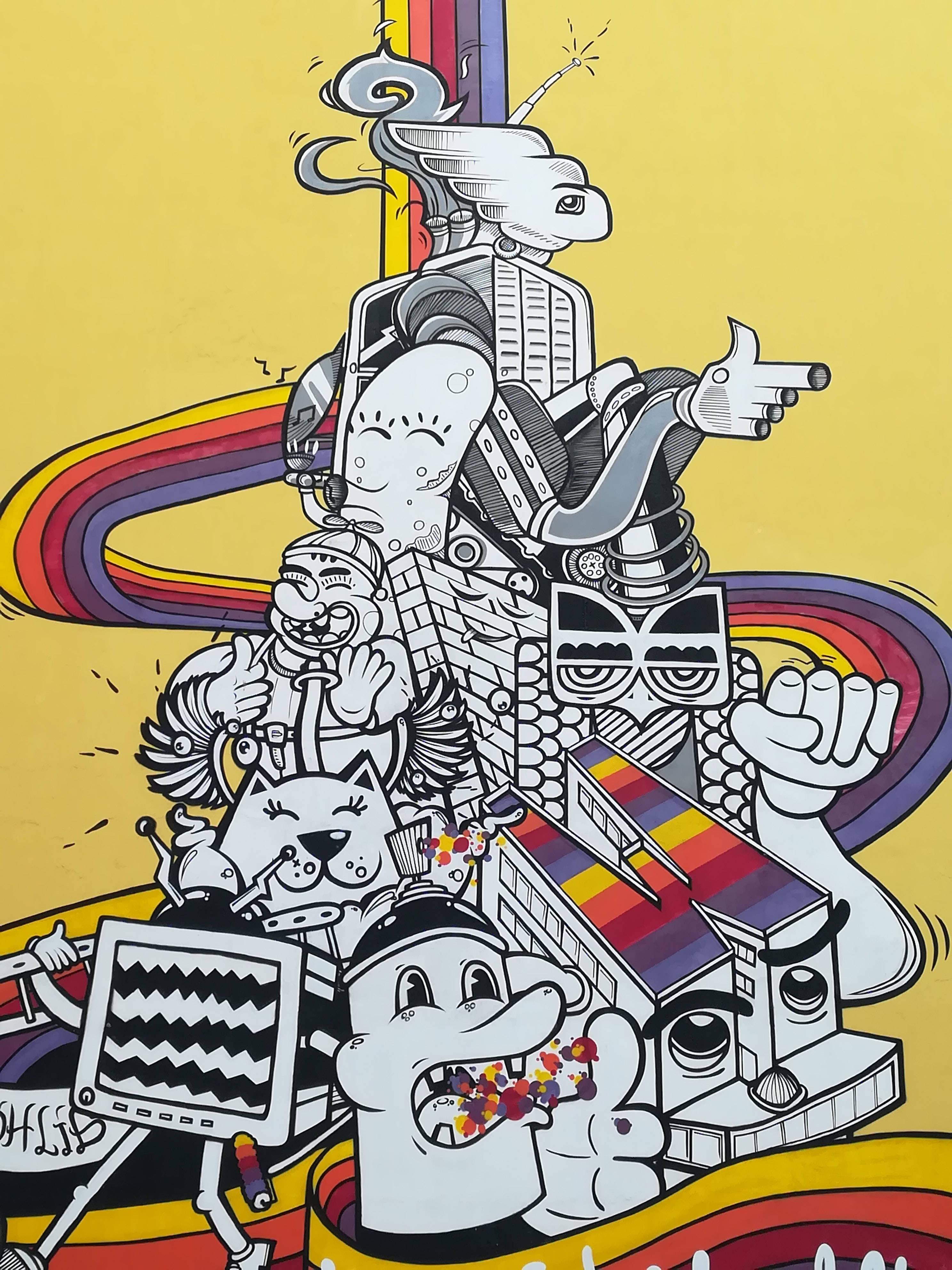 HD Art 桌布 壁紙 — 一幅超現實卡通插圖，描繪了堆疊的機器人和動物角色，帶有彩虹漩渦，背景為黃色。