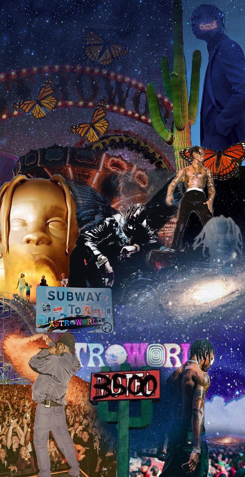 崔維斯·史考特 桌布 壁紙 — 一幅超現實宇宙拼貼畫，以Travis Scott、蝴蝶、仙人掌和霓虹燈牌為特色，背景是繁星點點的夜空。