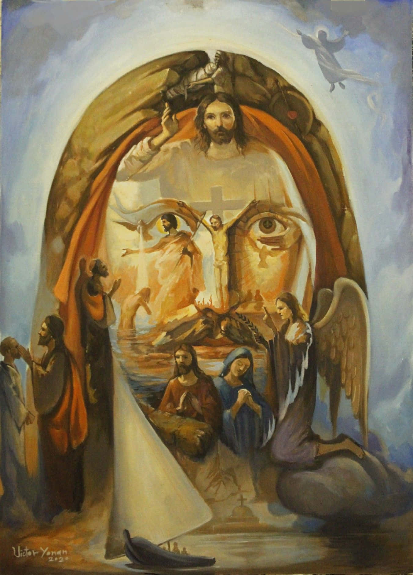 Religious Art 桌布 壁紙 — 一幅超現實宗教畫作描繪耶穌基督擁有一隻巨大的眼睛和十字架，被天使和門徒環繞在戲劇性的拱門場景中。