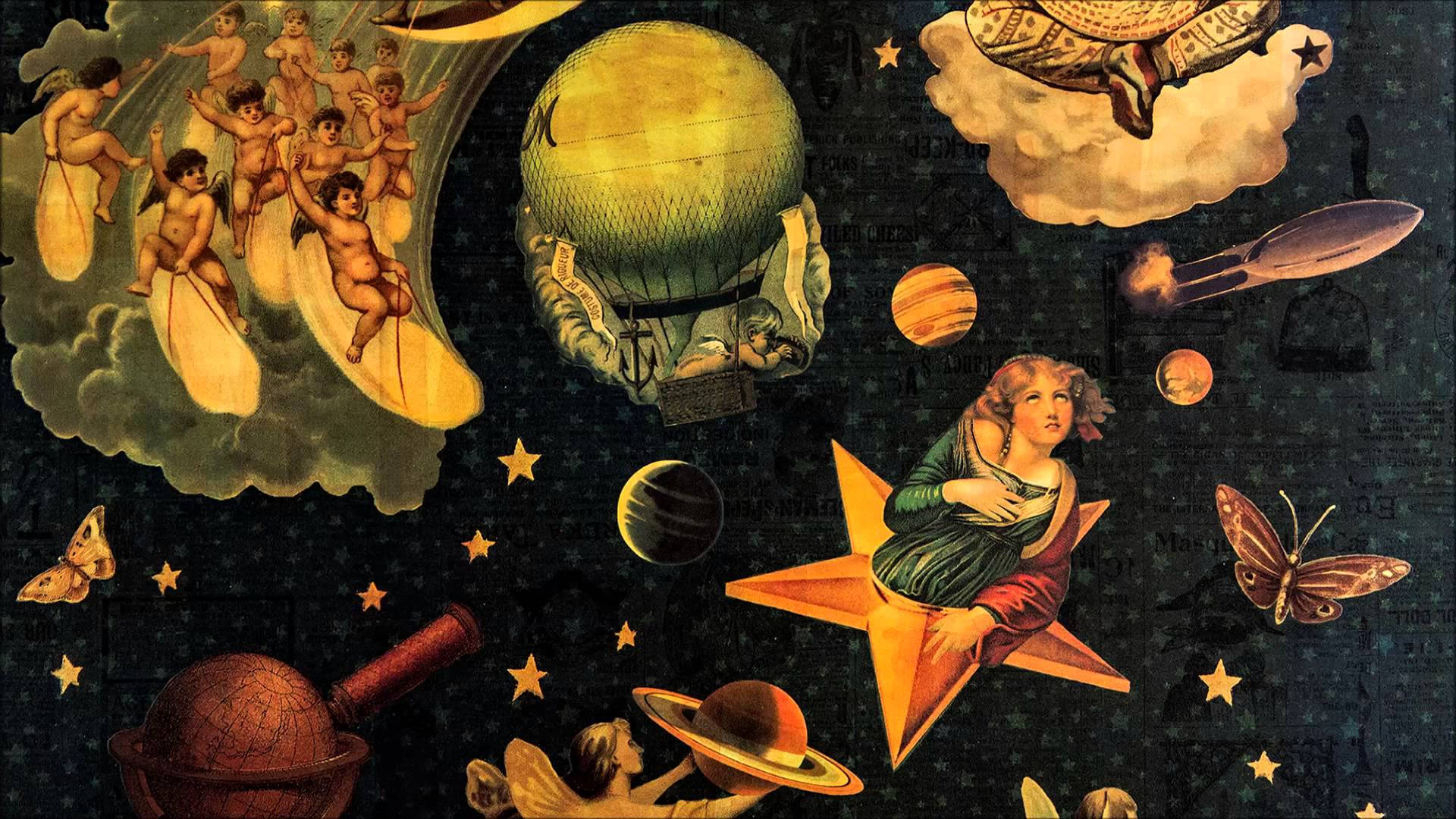 alternative 桌布 壁紙 — 一幅超現實復古插圖，描繪小天使、行星和天體在星星和雲朵中漂浮，背景為深色紋理。