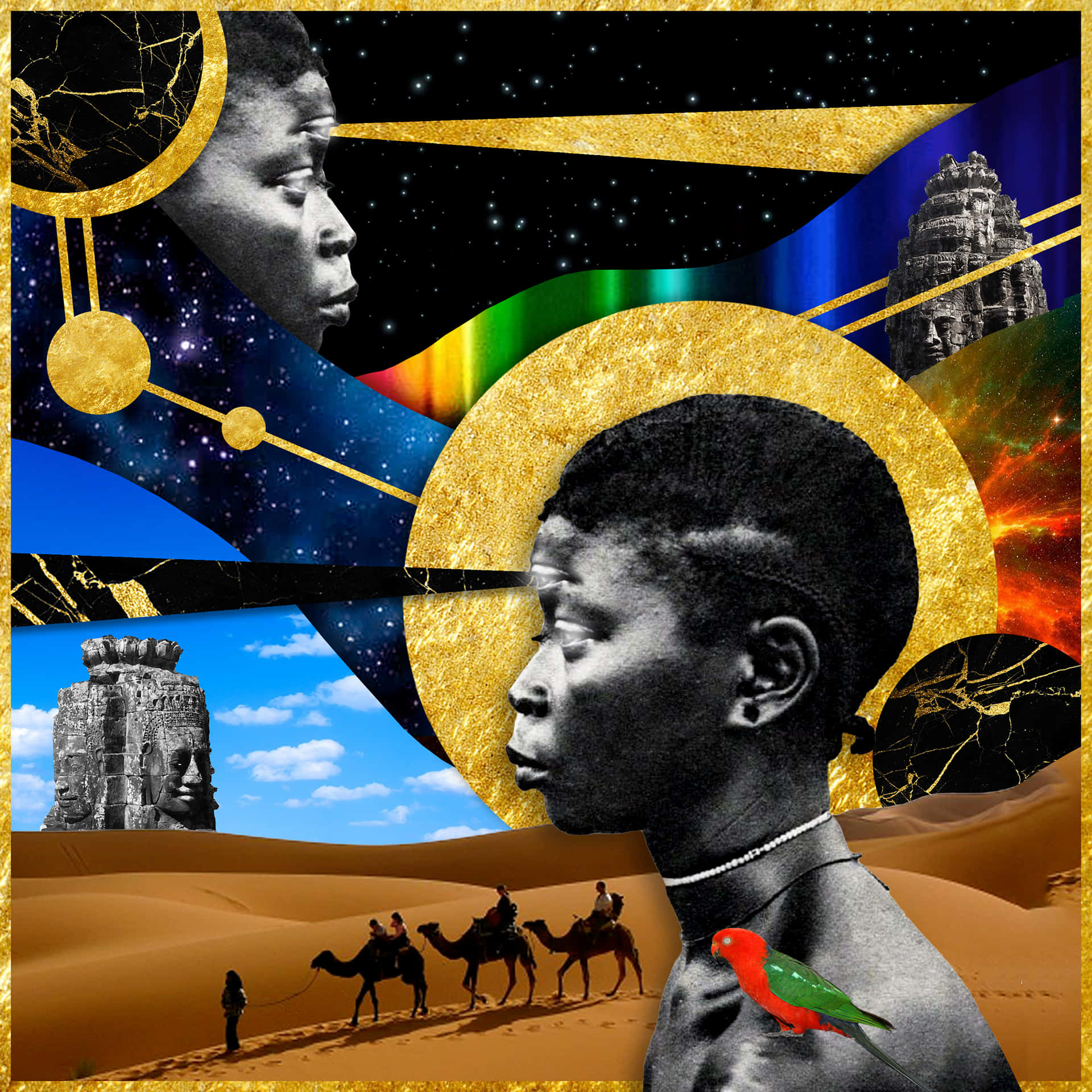 Afrofuturism 桌布 壁紙 — 一幅超現實拼貼畫，以兩個黑色側面輪廓為主題，背景是宇宙和沙漠場景，帶有金色點綴和一隻紅色鸚鵡。