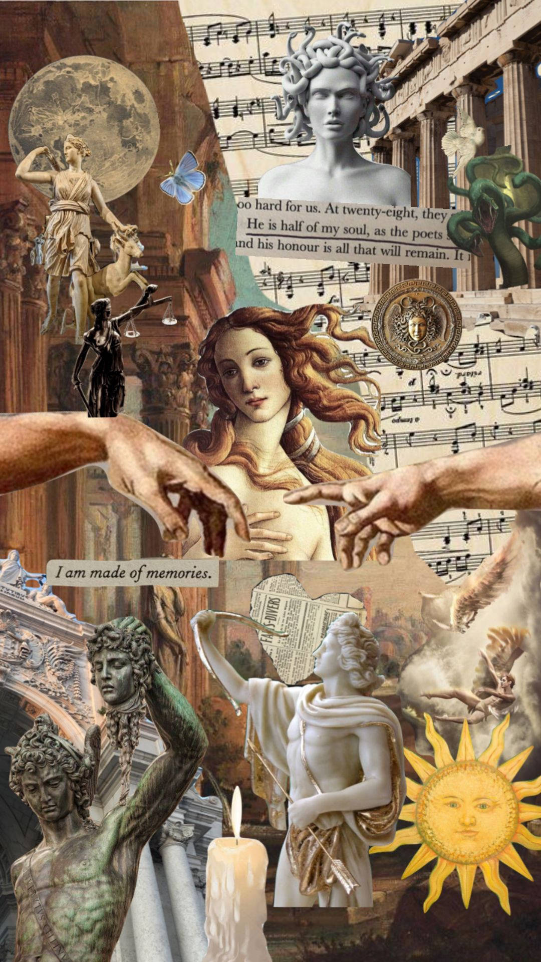 Greek Aesthetic 桌布 壁紙 — 一幅超現實拼貼畫，將古典雕像、音符和神話人物與詩意文字及天體符號融合在如夢似幻的構圖中。
