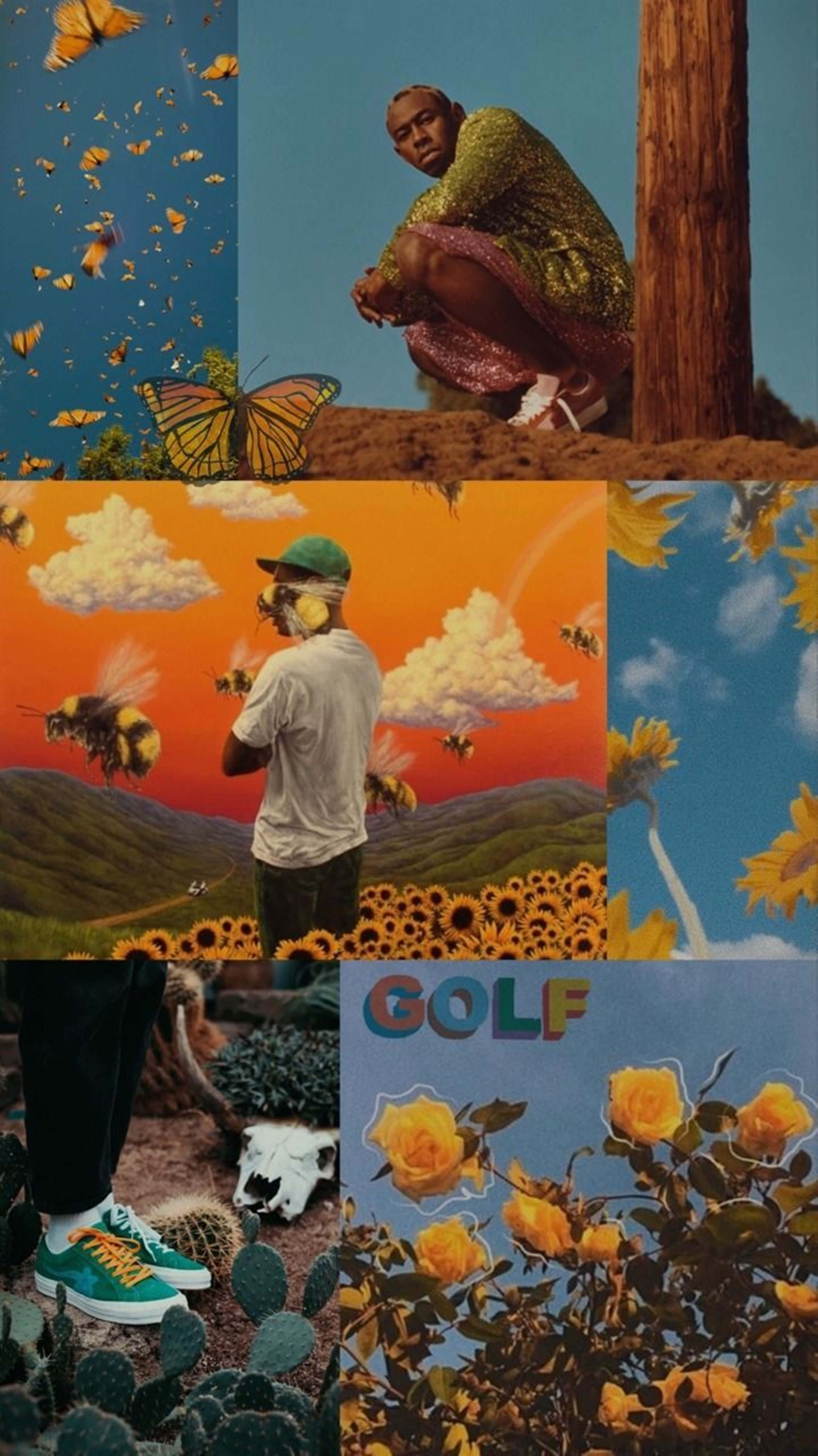 Tyler The Creator 4K 桌布 壁紙 — 一幅超現實拼貼畫，描繪色彩繽紛的天空下，一個男人與蝴蝶、向日葵、蜜蜂、仙人掌和玫瑰的場景。