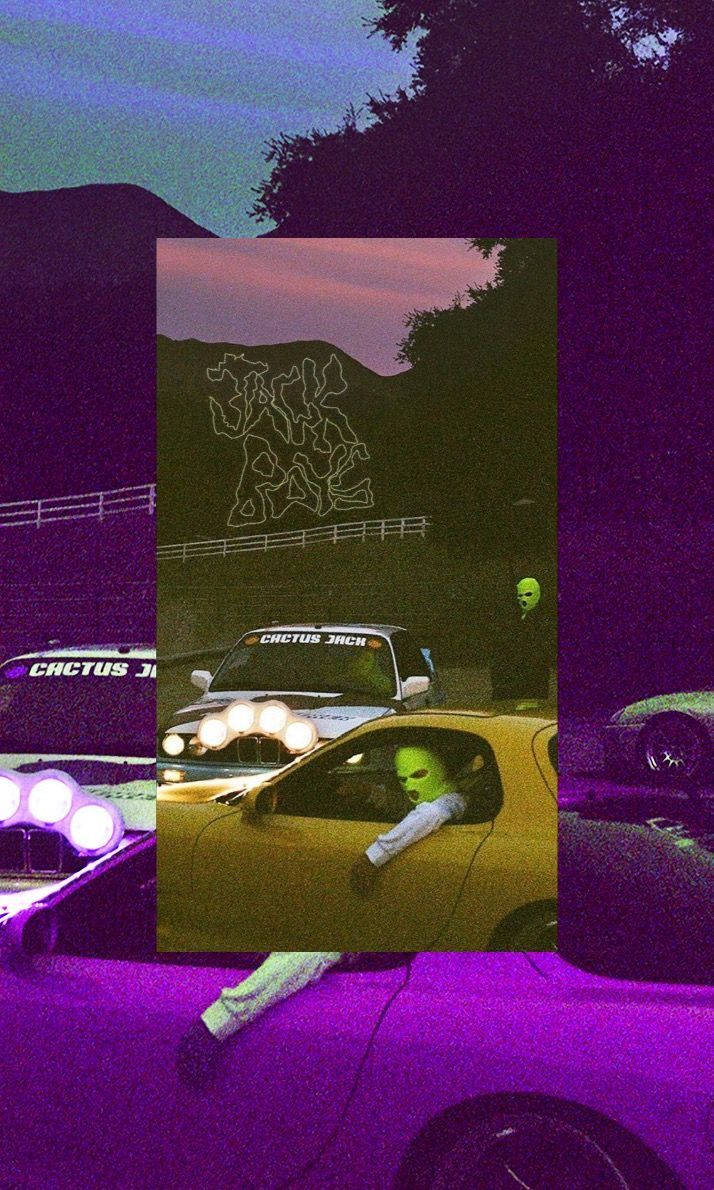 說唱歌手 桌布 壁紙 — 一幅超現實拼貼畫，描繪霓虹燈照亮的汽車和戴綠色面具的人物，背景是暮色山巒和發光的塗鴉。