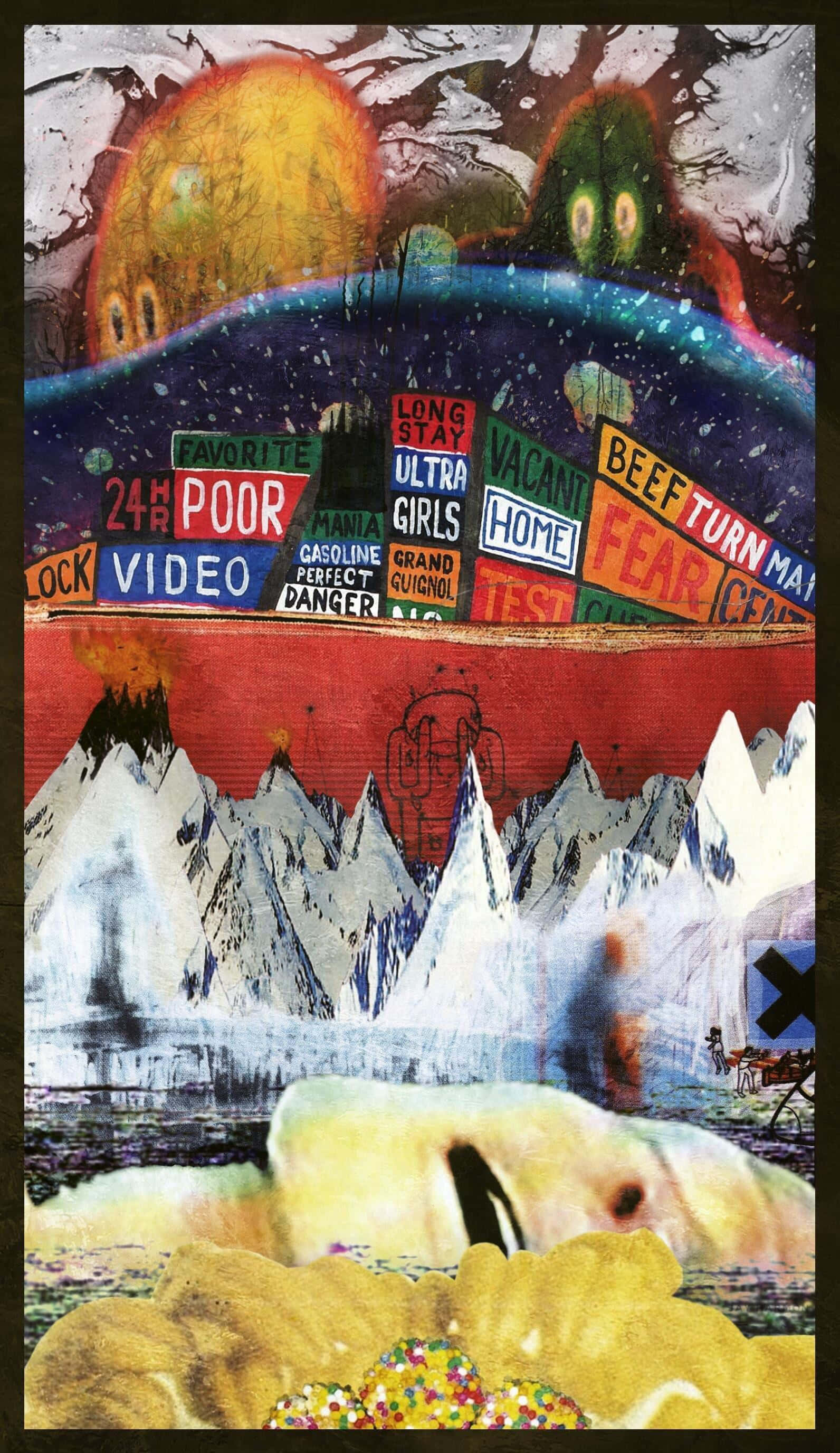 album 桌布 壁紙 — 一幅超現實拼貼畫將雪山、漂浮的文字標誌和發光的外星人頭像融合在宇宙背景中。