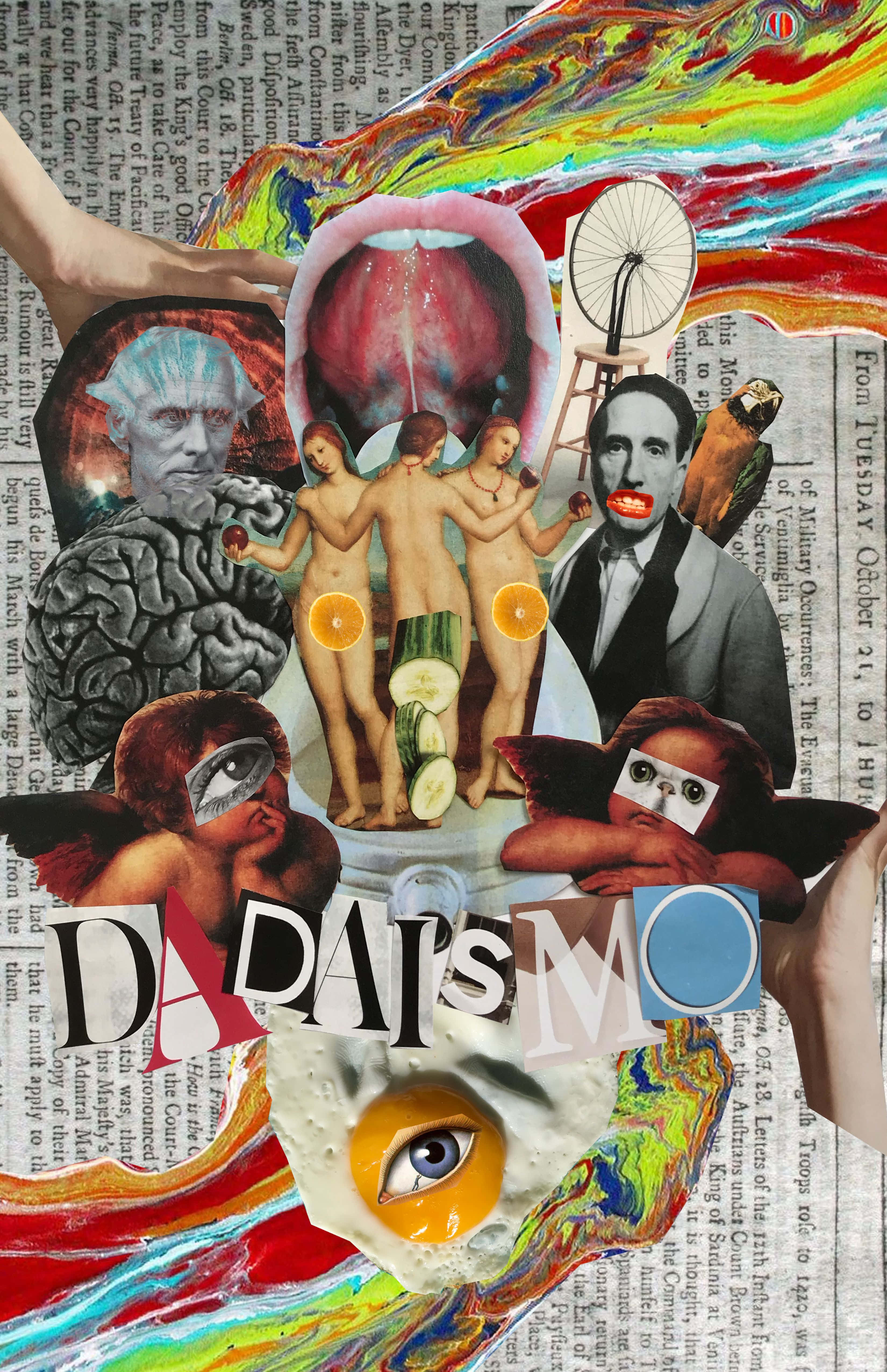 Dadaism 桌布 壁紙 — 一幅超現實拼貼畫融合了報紙剪報、鮮豔的顏料漩渦以及手持水果和眼睛的破碎人形。