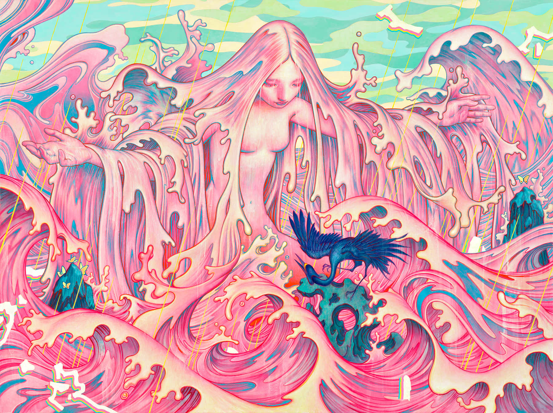 Illustration 桌布 壁紙 — 一幅超現實插圖，描繪一位平靜的女性，飄逸的粉紅色頭髮與充滿活力的海浪和一隻黑色的鳥融合在一起。