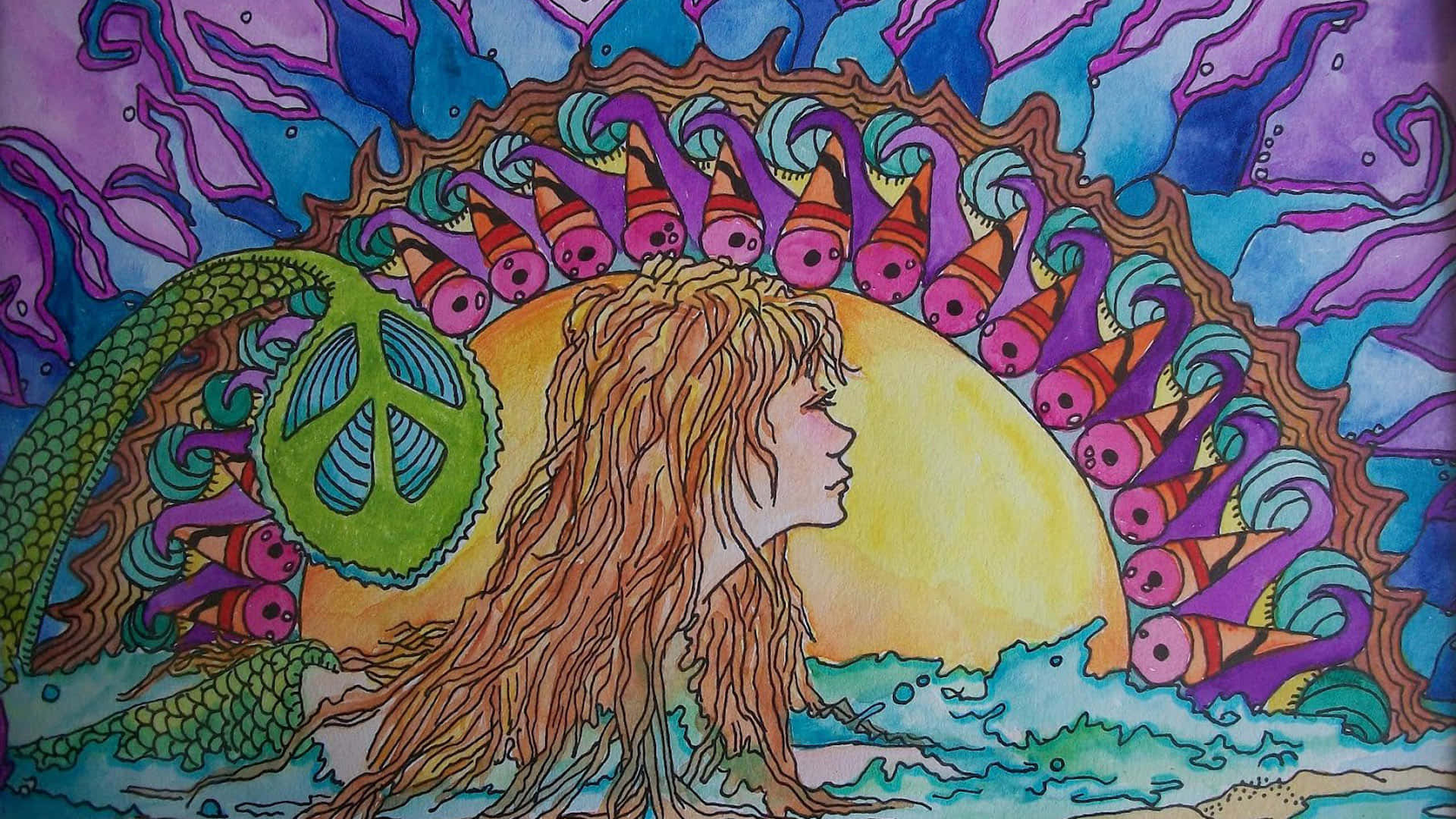 嬉皮 桌布 壁紙 — 一幅超現實插圖，描繪一個長髮人物，帶有和平標誌和迷幻魚圍繞著發光的太陽旋轉。