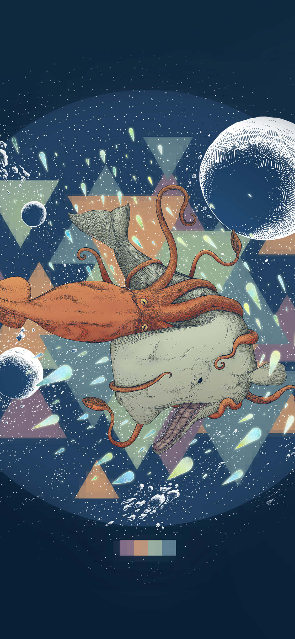 Giant Squid 桌布 壁紙 — 一幅超現實插圖，描繪一隻橙色章魚騎著鯨魚穿越充滿幾何形狀和漂浮氣泡的宇宙場景。