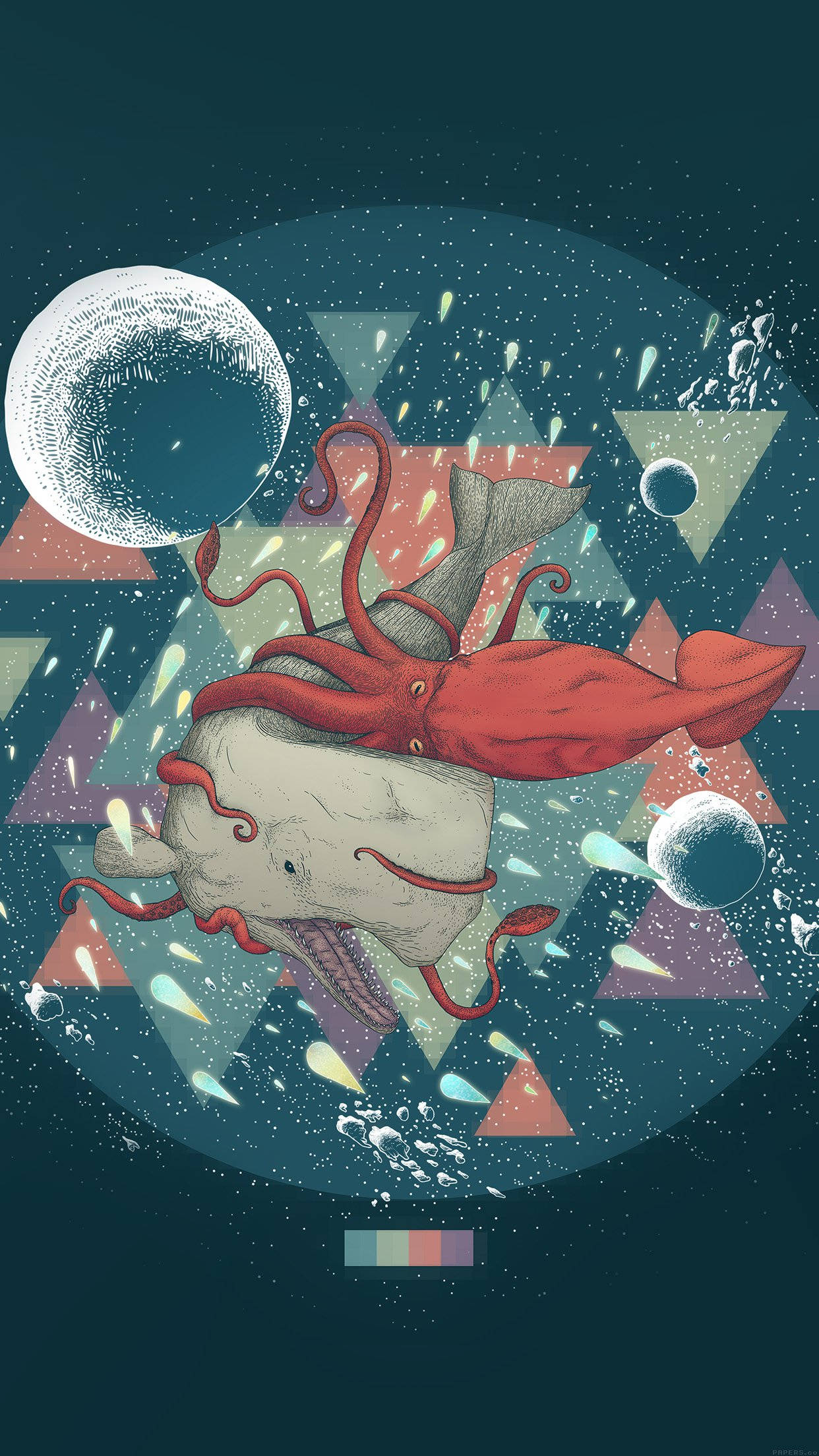 Smartphone 桌布 壁紙 — 一幅超現實插圖，描繪一隻紅色章魚騎著鯨魚穿越充滿幾何三角形和浮動球體的宇宙場景。