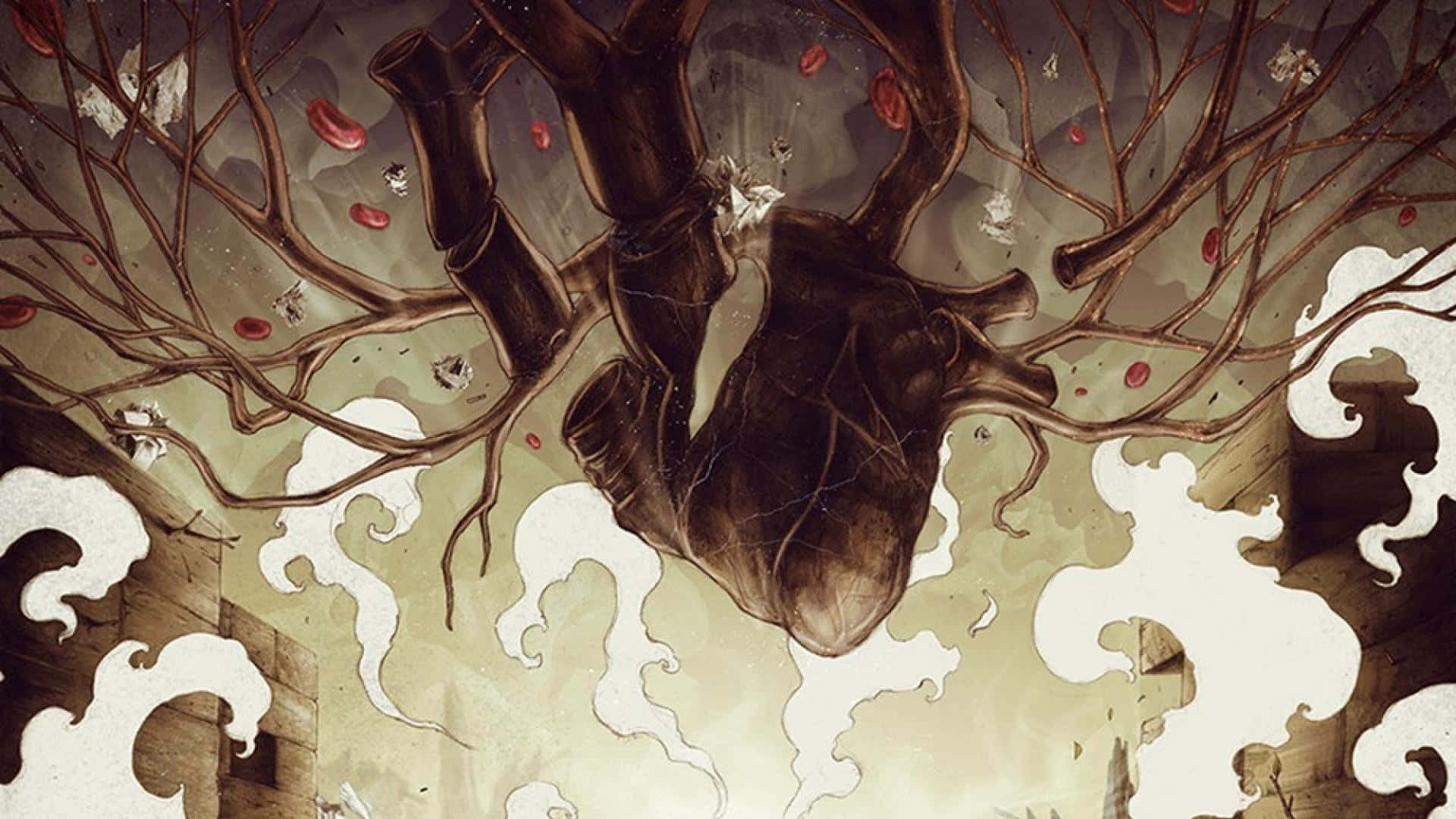 macabre 桌布 壁紙 — 一幅超現實插圖，描繪一顆人類心臟懸掛在扭曲的樹枝間，紅葉在旋轉的煙霧中飄落。
