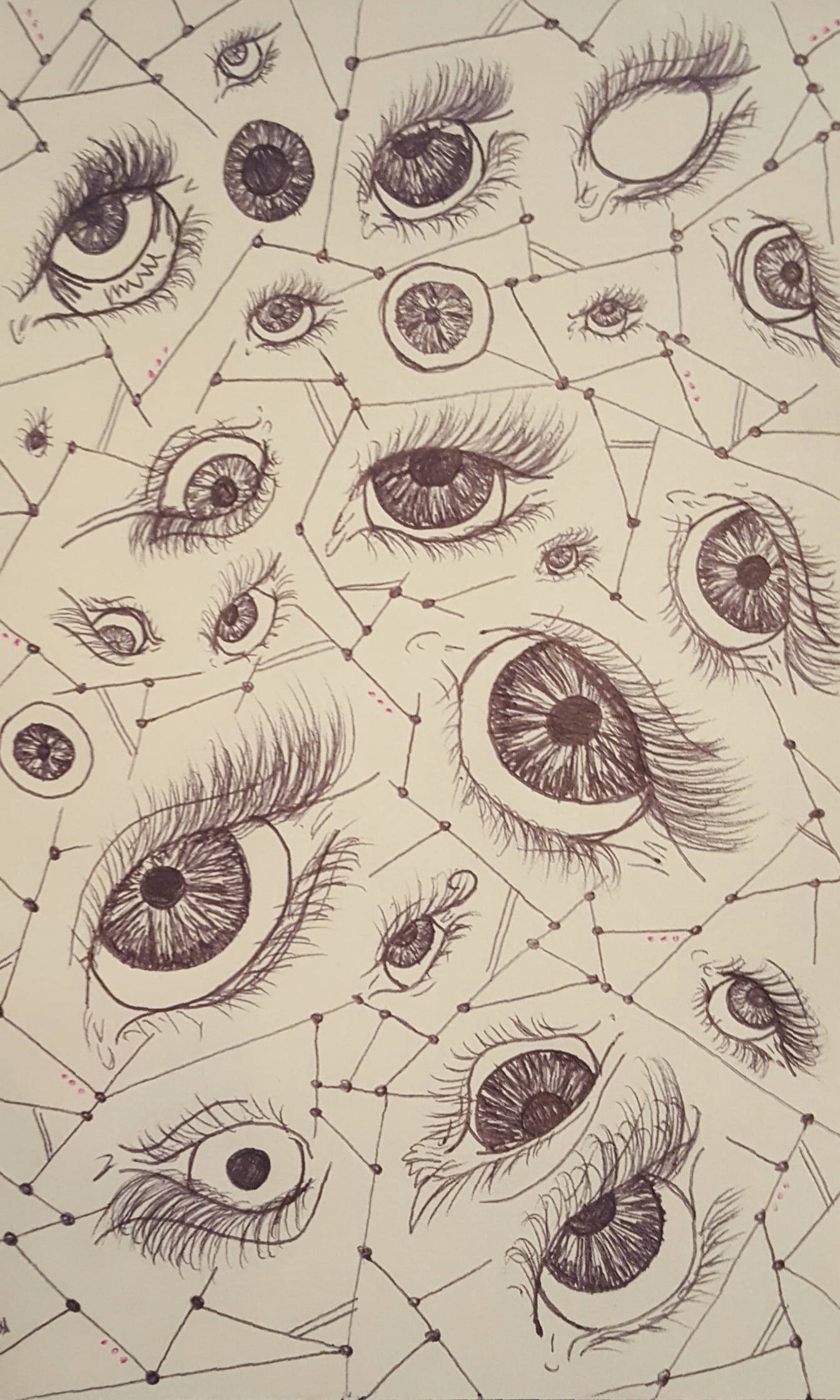酷炫繪畫 桌布 壁紙 — 一幅超現實插圖，描繪了許多細節豐富的眼睛，由幾何線條和點在奶油色背景上相互連接。
