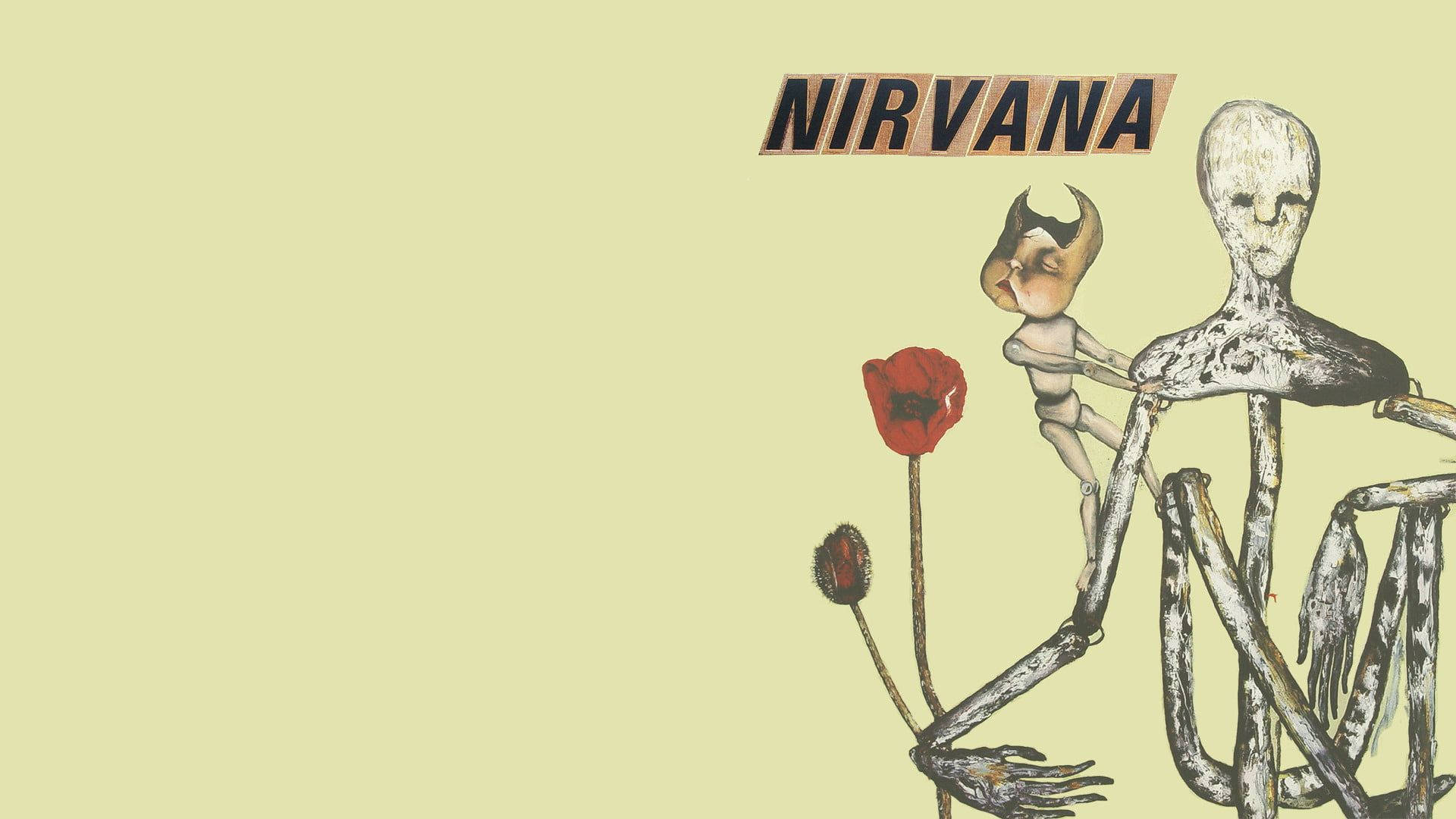 nirvana 4K 桌布 壁紙 — 一幅超現實插圖，描繪兩個蒼白的人形生物，四肢修長，頭上有角，在淡黃色背景上手持紅色罌粟花，背景上有「NIRVANA」字樣。