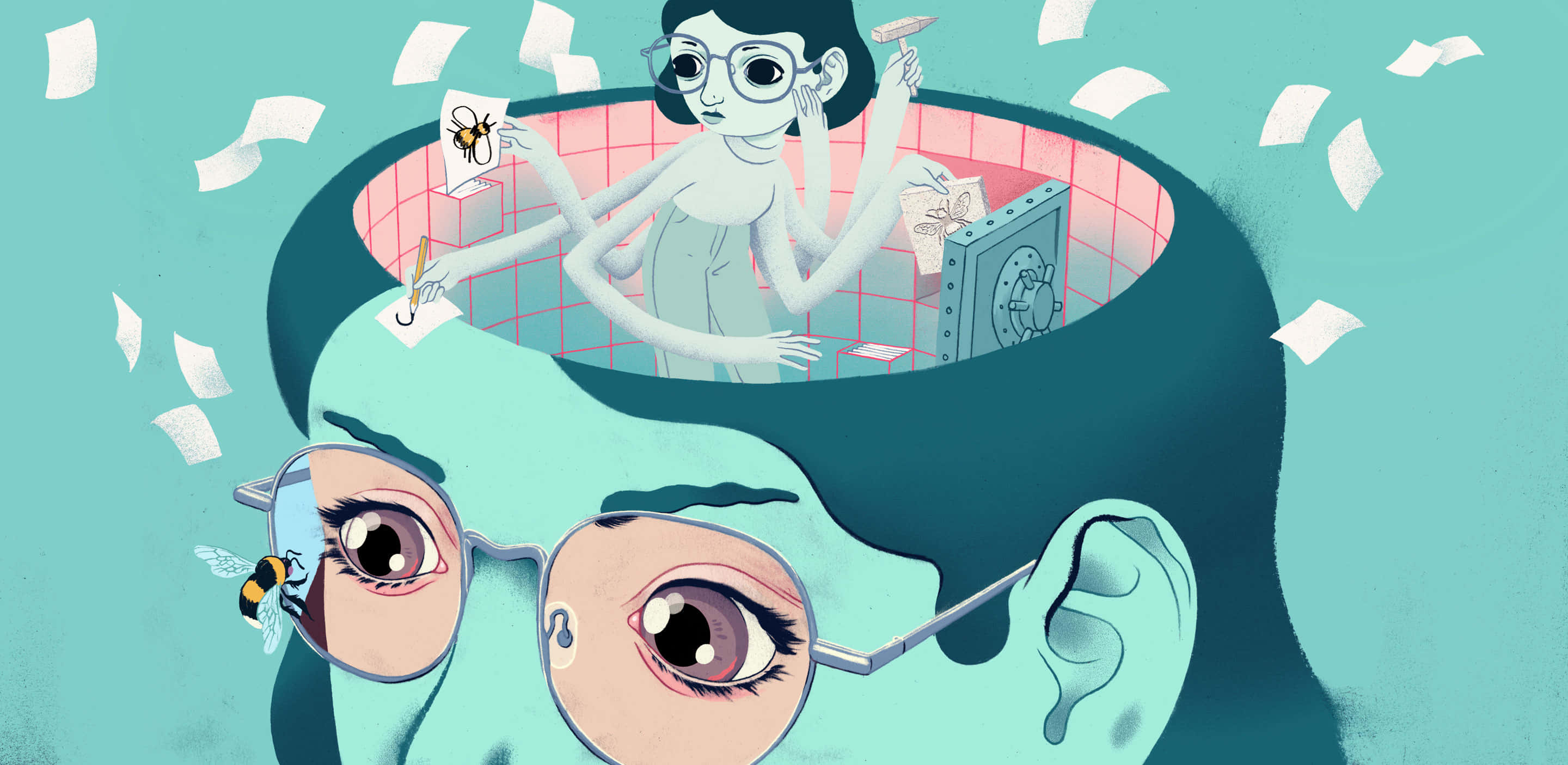 Memory 桌布 壁紙 — 一幅超現實插圖顯示一個人的頭部打開，露出一個多任務處理的人物在管理文件和保險箱，同時蜜蜂在周圍飛舞。