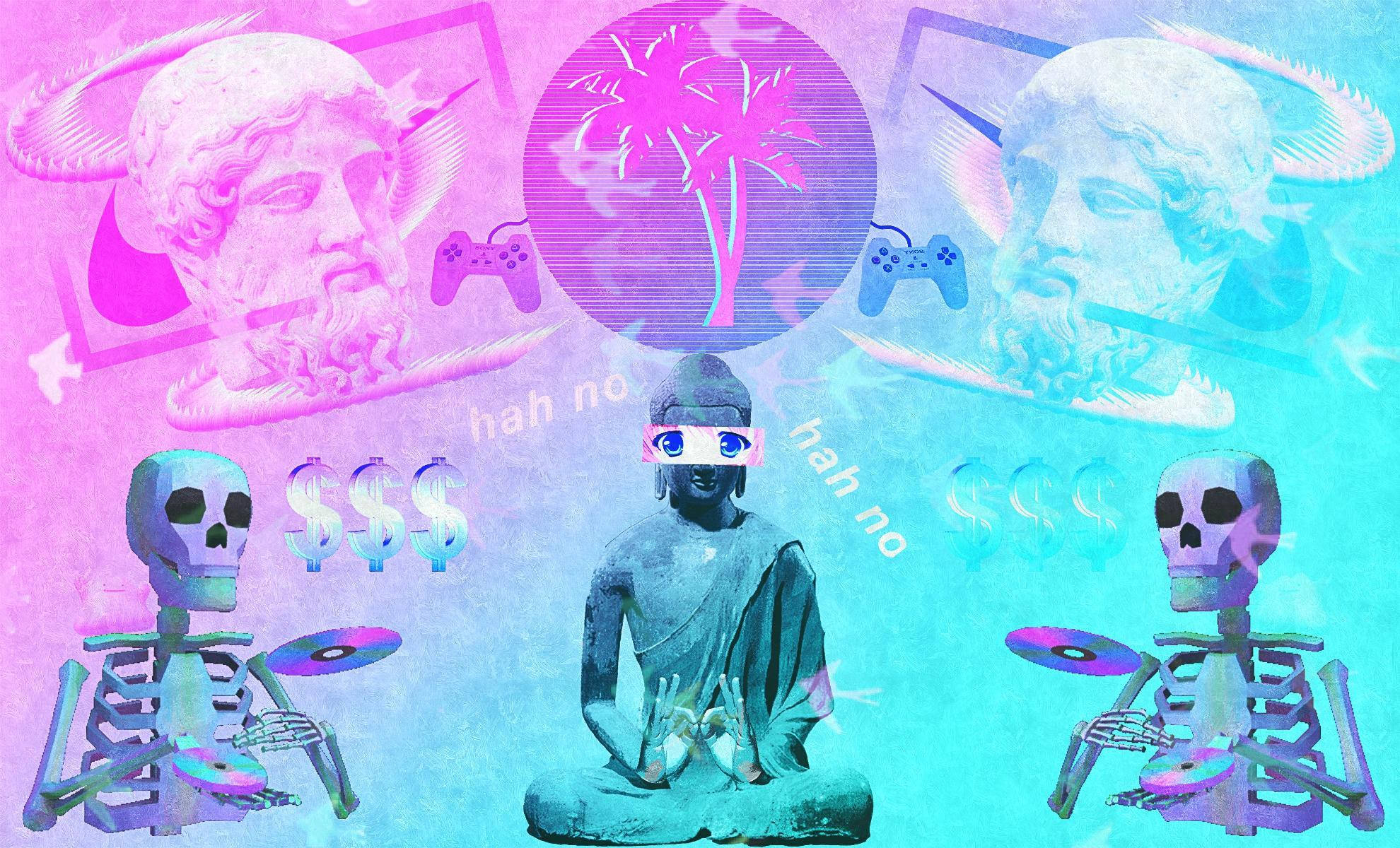 美少年動態圖 桌布 壁紙 — 一幅超現實數位拼貼畫，描繪一位正在冥想的佛陀，兩旁有骷髏在播放黑膠唱片，背景分為粉紅色和青色，並有遊戲控制器和古典半身像。