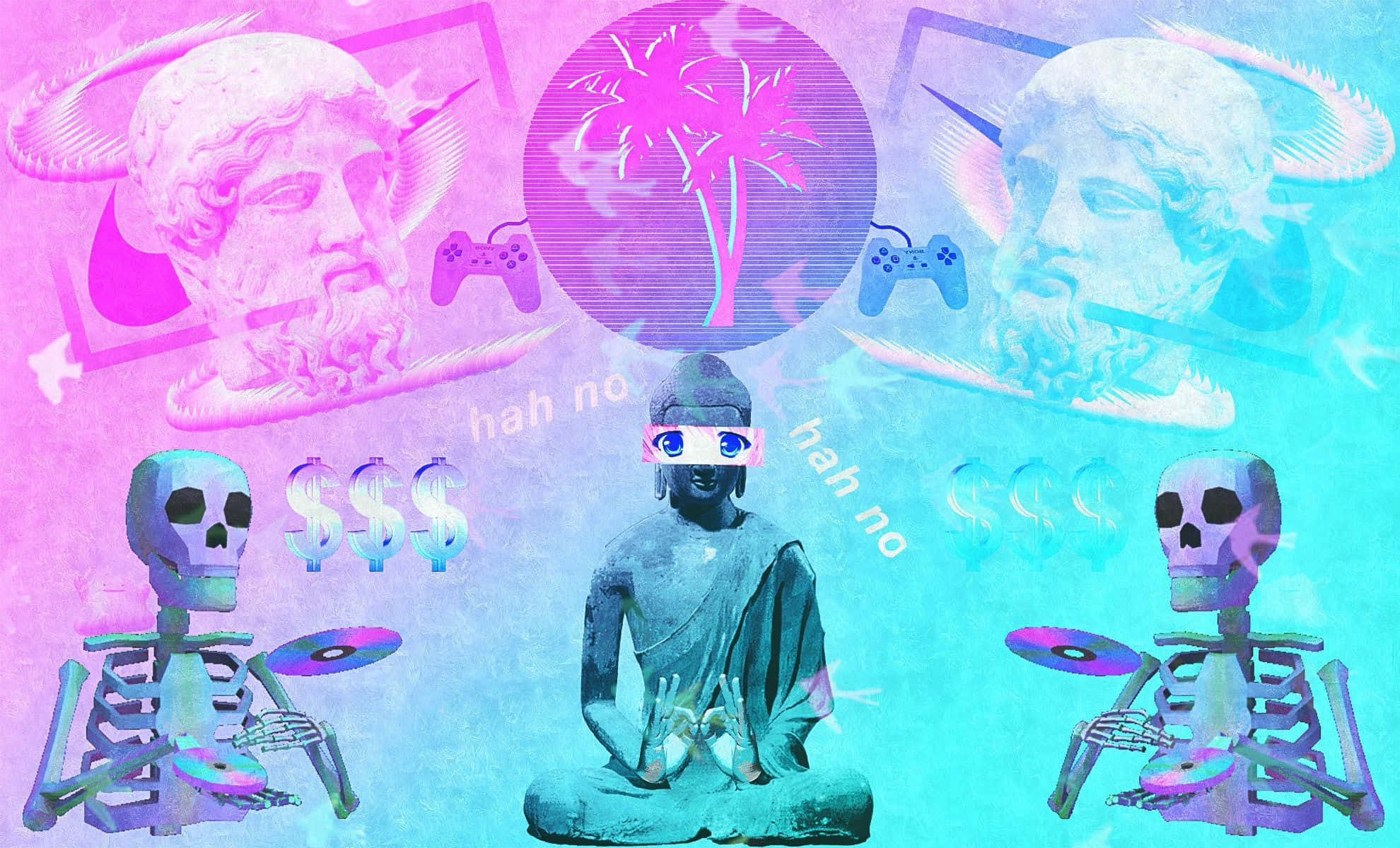 桌布 壁紙 — 一幅超現實數位拼貼畫，描繪一位正在冥想的佛陀，兩旁有骷髏在播放黑膠唱片，背景是充滿活力的粉紅色和青色，並有古典半身像和遊戲控制器。