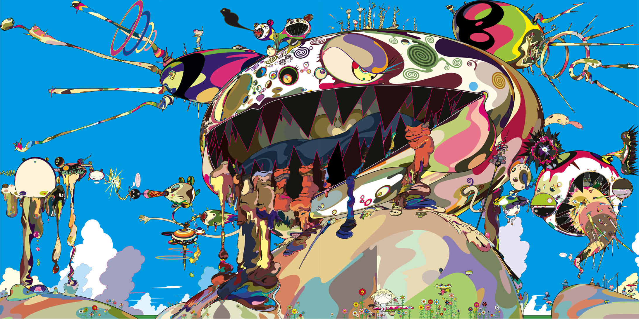 Japanese Pop Art 桌布 壁紙 — 一幅超現實數位藝術作品，以明亮的藍天為背景，呈現一個巨大、色彩繽紛、長滿牙齒的生物，以及奇異的生物和漂浮的物體。