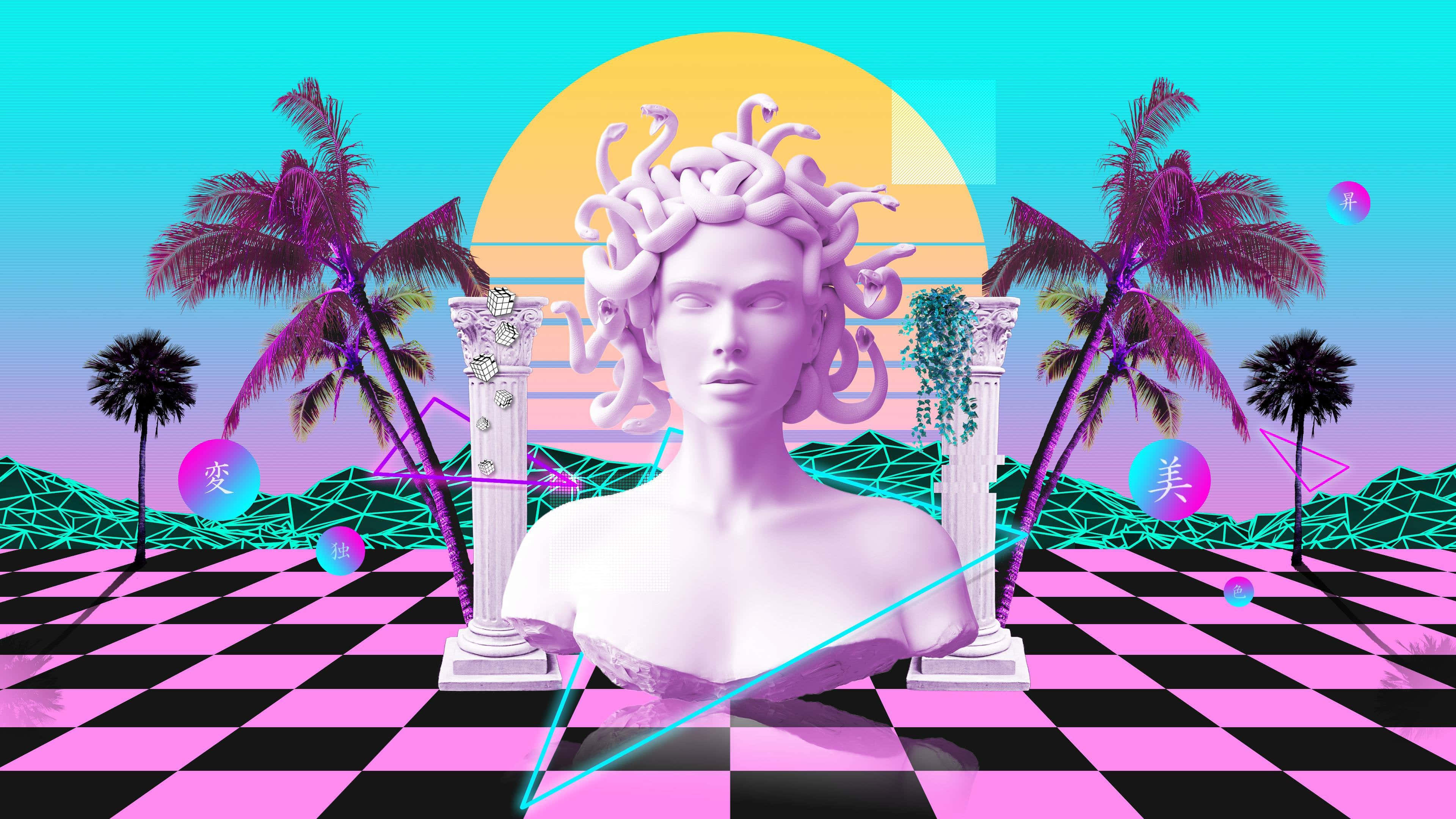 蒸氣波 桌布 壁紙 — 一幅超現實數位藝術作品，以蛇髮美杜莎半身像為中心，置於粉紅和黑色棋盤格地板上，背景是霓虹日落、棕櫚樹和幾何形狀。