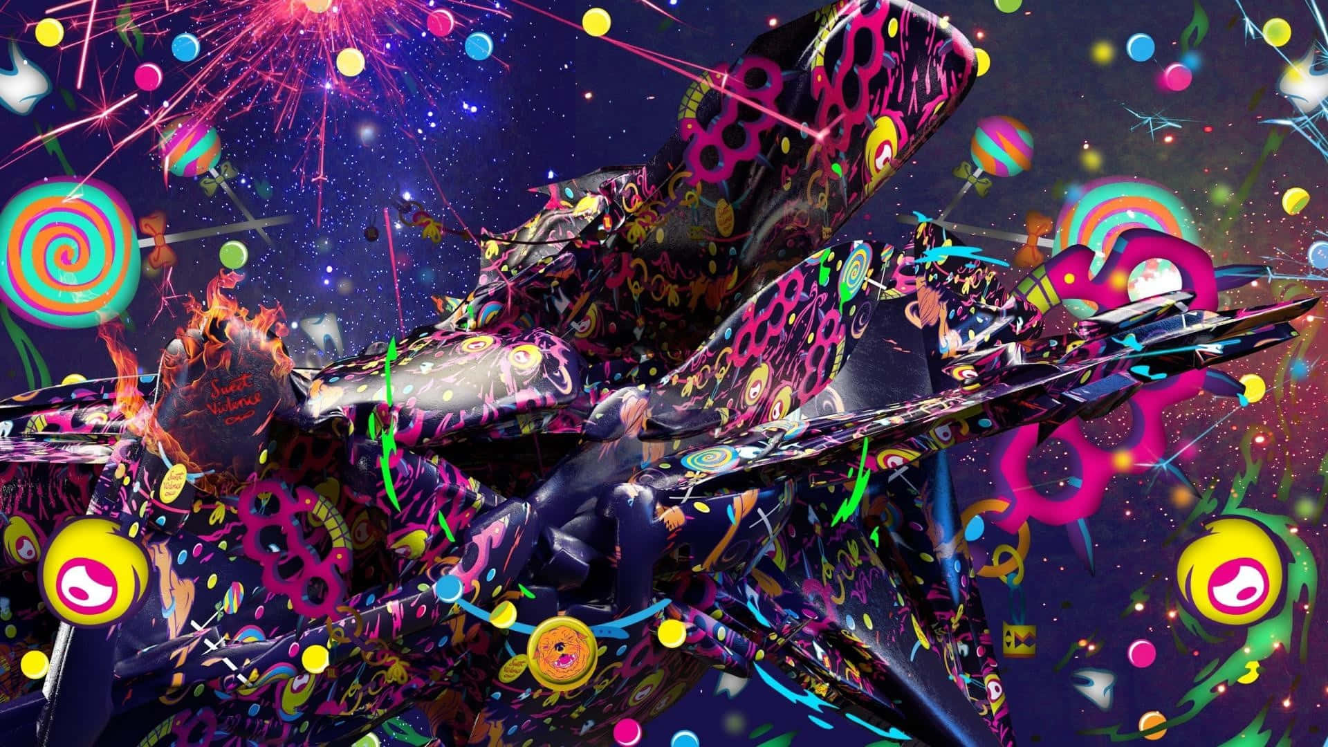 Psychedelic 3d Art 桌布 壁紙 — 一幅超現實數位藝術作品，展示一艘裝飾著鮮豔圖案的迷幻太空船，在充滿漂浮棒棒糖和彩色球體的星空宇宙中飛行。