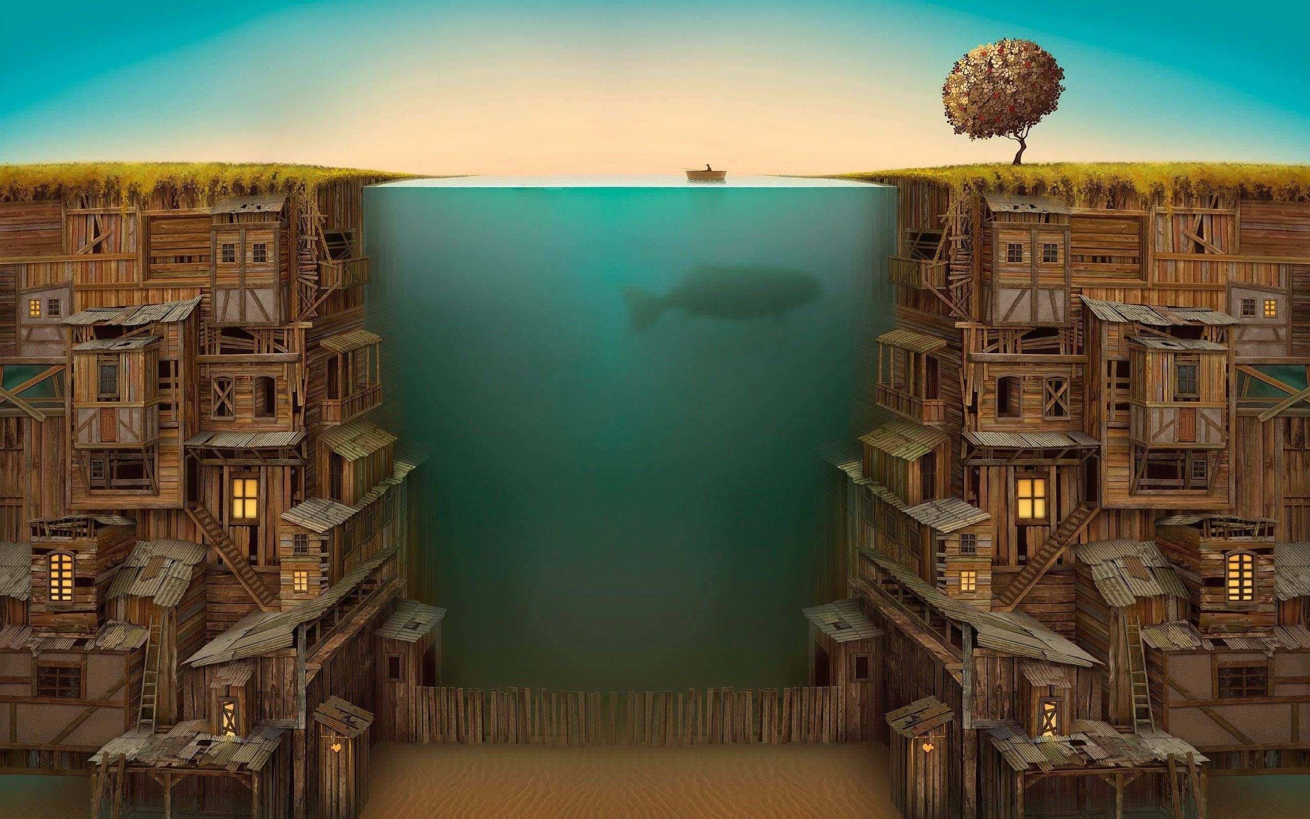 Imaginative 桌布 壁紙 — 一幅超現實數位藝術作品，展示在深海海溝兩側建造的木屋，遠處有一棵孤樹和一艘小船。
