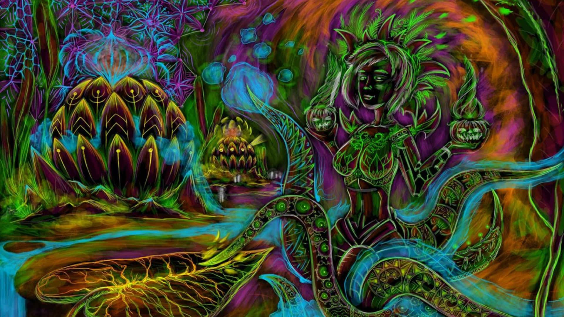 psychedelic art 桌布 壁紙 — 一幅超現實數位藝術作品，描繪一位綠色皮膚、頭髮如葉的女神手持燃燒的頭骨，周圍環繞著發光的外星植物和宇宙能量漩渦。