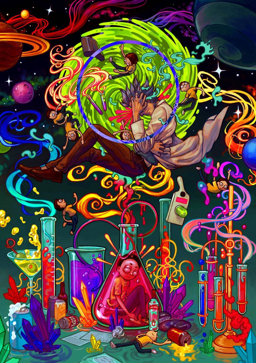 rick 桌布 壁紙 — 一幅超現實數位藝術作品，描繪一名身穿實驗室外套的男子，被旋轉的宇宙色彩和漂浮的猴子包圍，周圍還有發光的燒杯和外星行星。