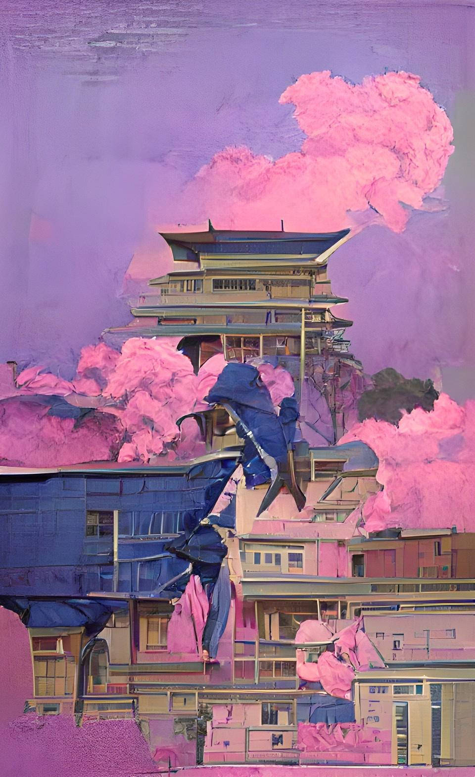 Bisexual 桌布 壁紙 — 一幅超現實數位藝術作品，描繪一座多層寶塔從充滿活力的粉紅雲層中浮現，周圍是碎片建築的拼貼，背景是紫色天空。