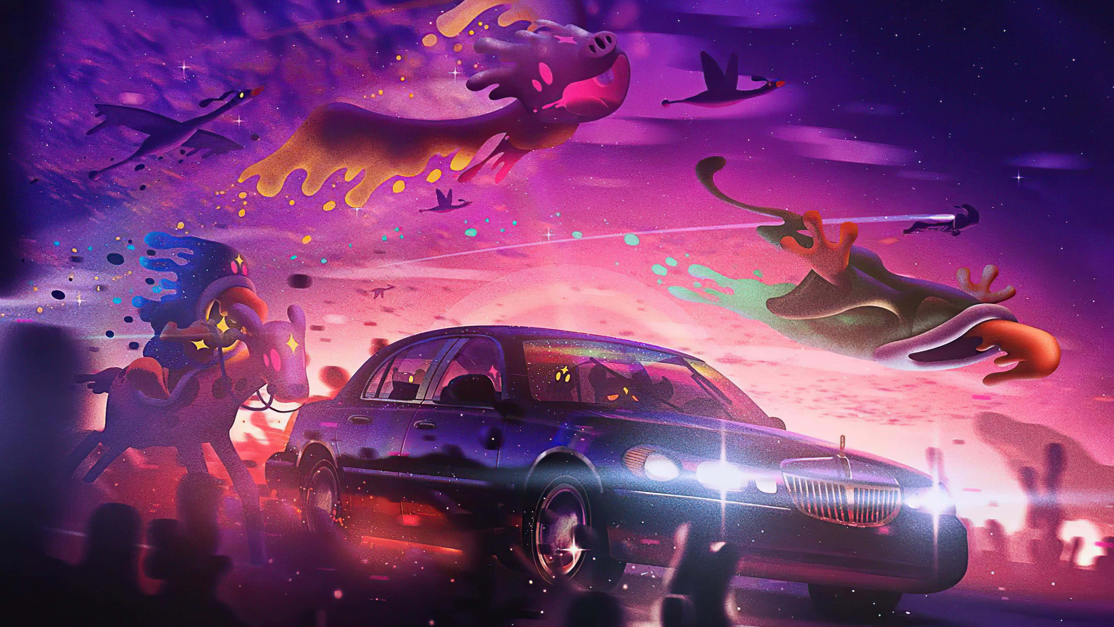 dreamy 桌布 壁紙 — 一幅超現實數位藝術作品，描繪一輛黑色轎車在充滿飛翔神話生物和發光粒子的宇宙景觀中疾馳。