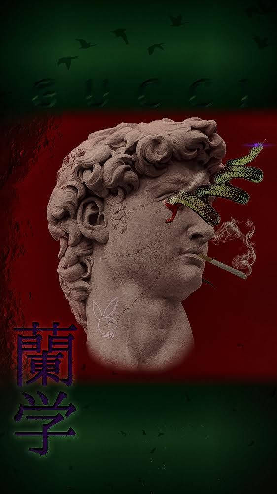 Greek Aesthetic 桌布 壁紙 — 一幅超現實數位藝術作品，描繪大衛雕像，其眼睛中有一條蛇伸出，並叼著香煙，背景為紅色和綠色。