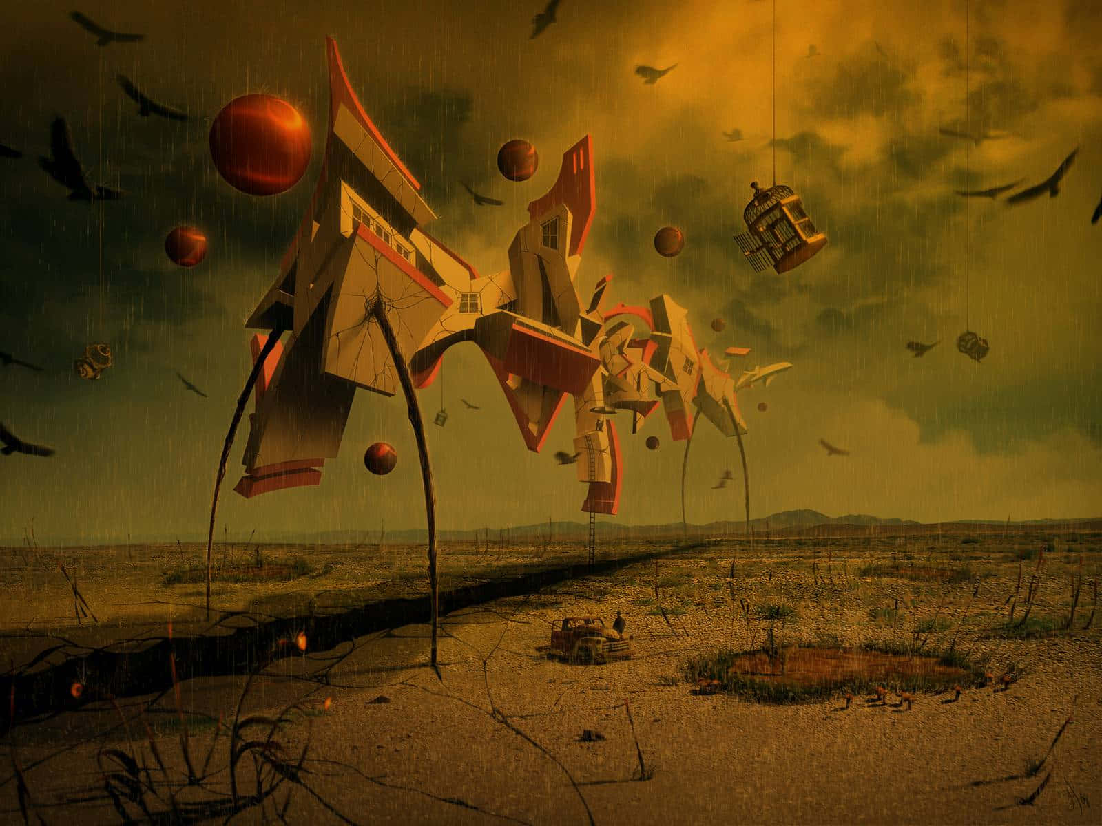 Surreal Art 桌布 壁紙 — 一幅超現實數位藝術場景，展示一座破碎的紅白建築物漂浮在龜裂的沙漠上空，背景是風暴肆虐的黃色天空，有鳥類和漂浮球體。