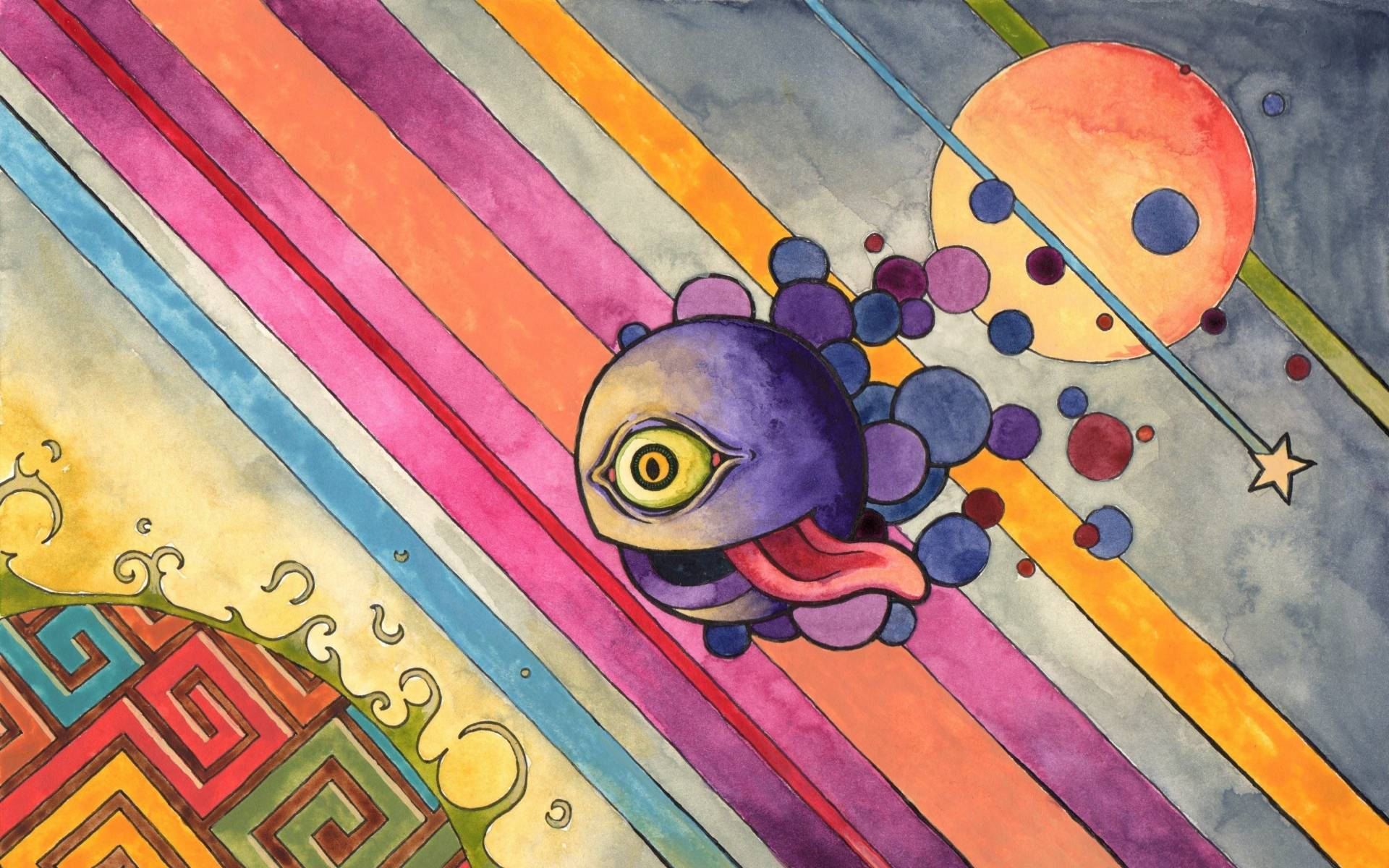 Trippy Cartoon 桌布 壁紙 — 一幅超現實水彩插圖，描繪一個紫色眼睛頭部、有粉紅色舌頭的生物，置身於彩色對角線條和漂浮球體之間。