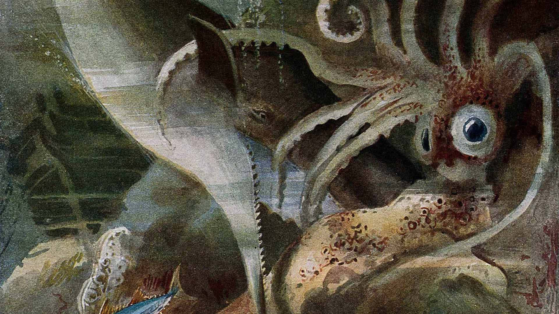 Giant Squid 桌布 壁紙 — 一幅超現實水彩畫，描繪一隻像巨型魷魚的怪物，有一隻大眼睛和鋸齒狀牙齒，從渾濁的水底深處浮現。