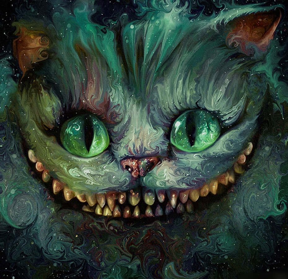 柴郡貓 桌布 壁紙 — 一幅超現實油畫，描繪一隻宇宙貓，擁有發光的綠色眼睛和咧嘴露齒的笑容，背景是旋轉的星雲。
