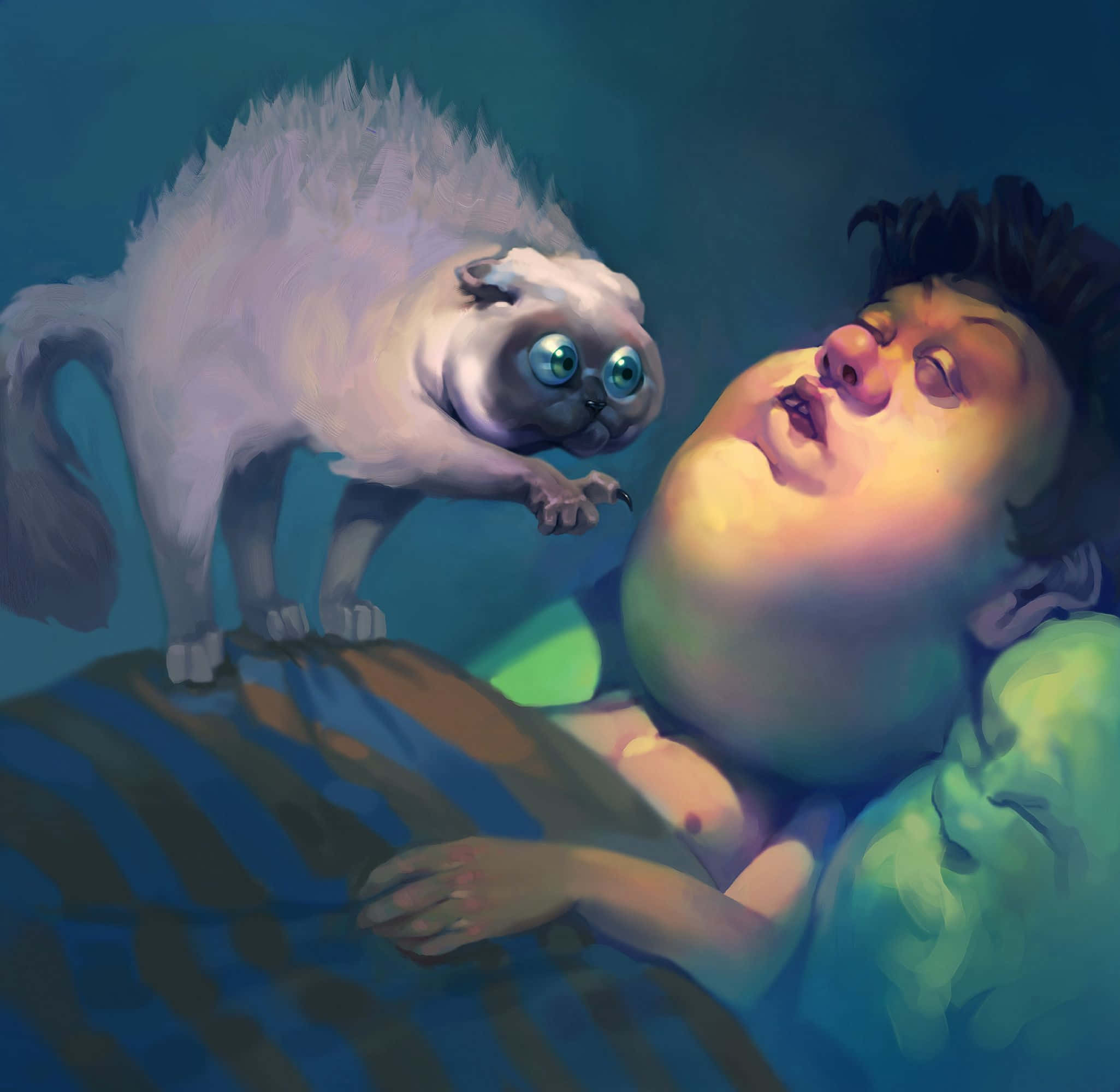 搞笑 桌布 壁紙 — 一幅超現實油畫展示了一隻毛茸茸的白貓，有著發光的藍色眼睛，懸浮在床上熟睡的人上方。