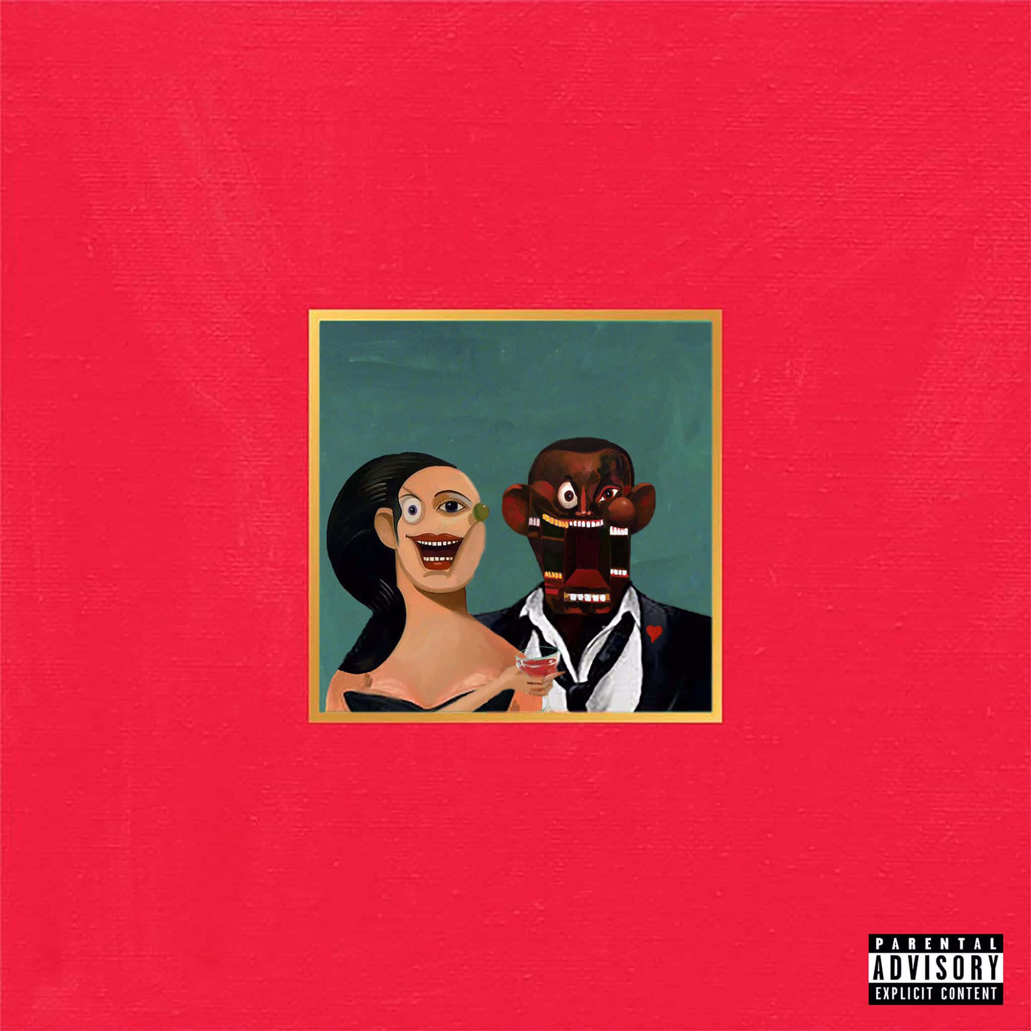 My Beautiful Dark Twisted Fantasy 桌布 壁紙 — 一幅超現實油畫描繪了兩個面部特徵誇張的人物，背景為青綠色，鑲金框，置於有紋理的紅色畫布上。
