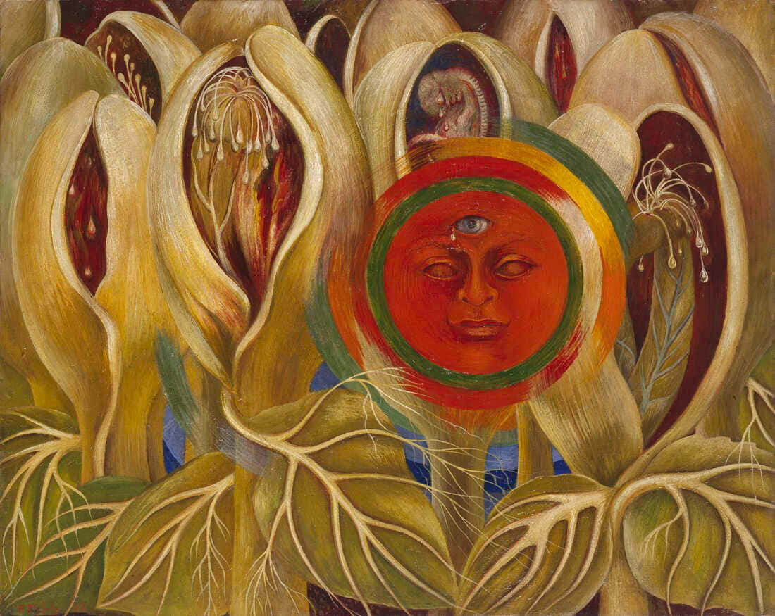 Frida Kahlo 桌布 壁紙 — 一幅超現實畫作，中央有一個紅色太陽臉孔，有一隻眼睛，周圍環繞著盛開的黃色花朵和裸露的根。