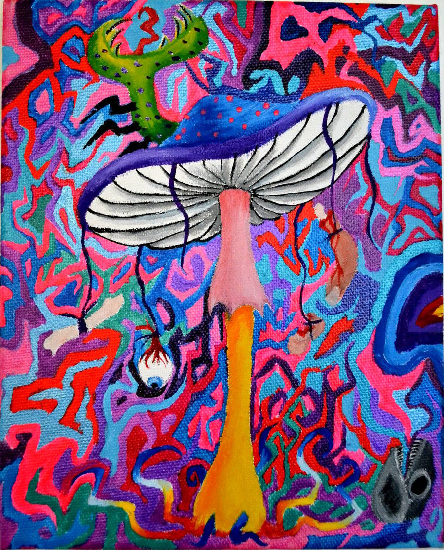 Retro 桌布 壁紙 — 一幅超現實畫作，描繪一個巨型蘑菇，其菌蓋頂部有一個綠色鹿頭，背景是粉紅、藍色和紫色的迷幻漩渦。
